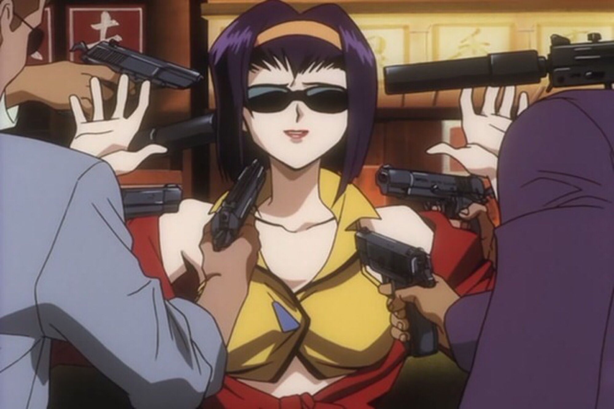 cowboy bebop’s faye valentine hands up with a bunch of guns pointed in her face