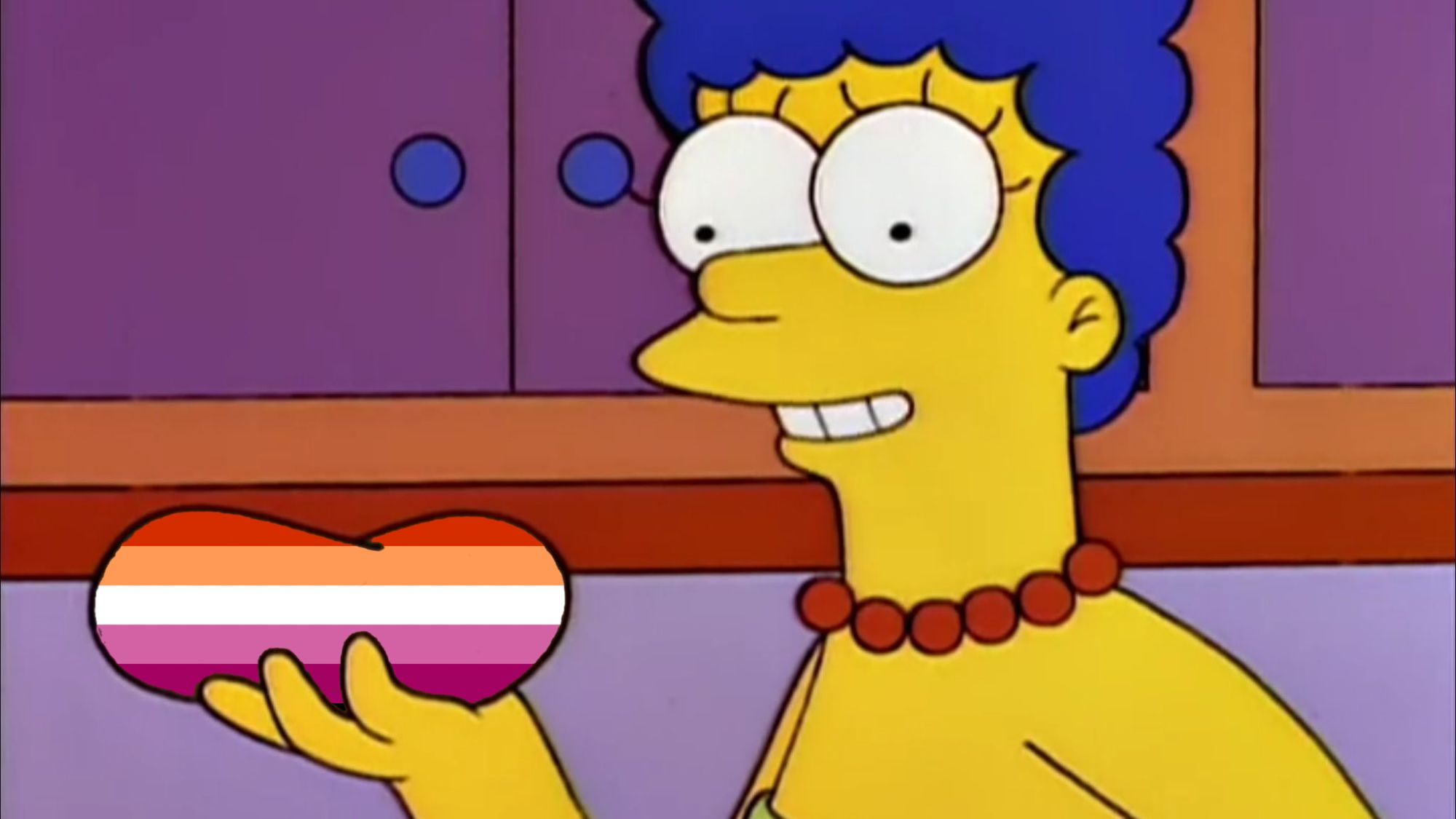 marge simpson holding a potato meme but the text "i just think they're neat!" is implied, and the potato is in lesbian/sapphic pride colors