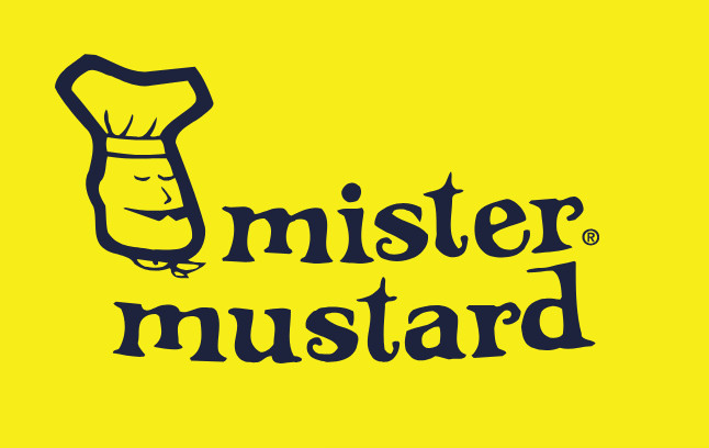 Mister Mustard logo with a yellow background, a smug looking fellow wearing a chef's hat