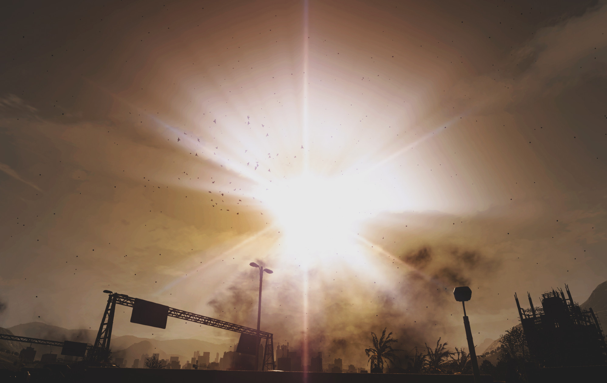 A screenshot out of the game Dying Light; the screenshot is tinted in sepia. The sun is glaring at us from the center, overlooking an overpass and pillars of smoke.