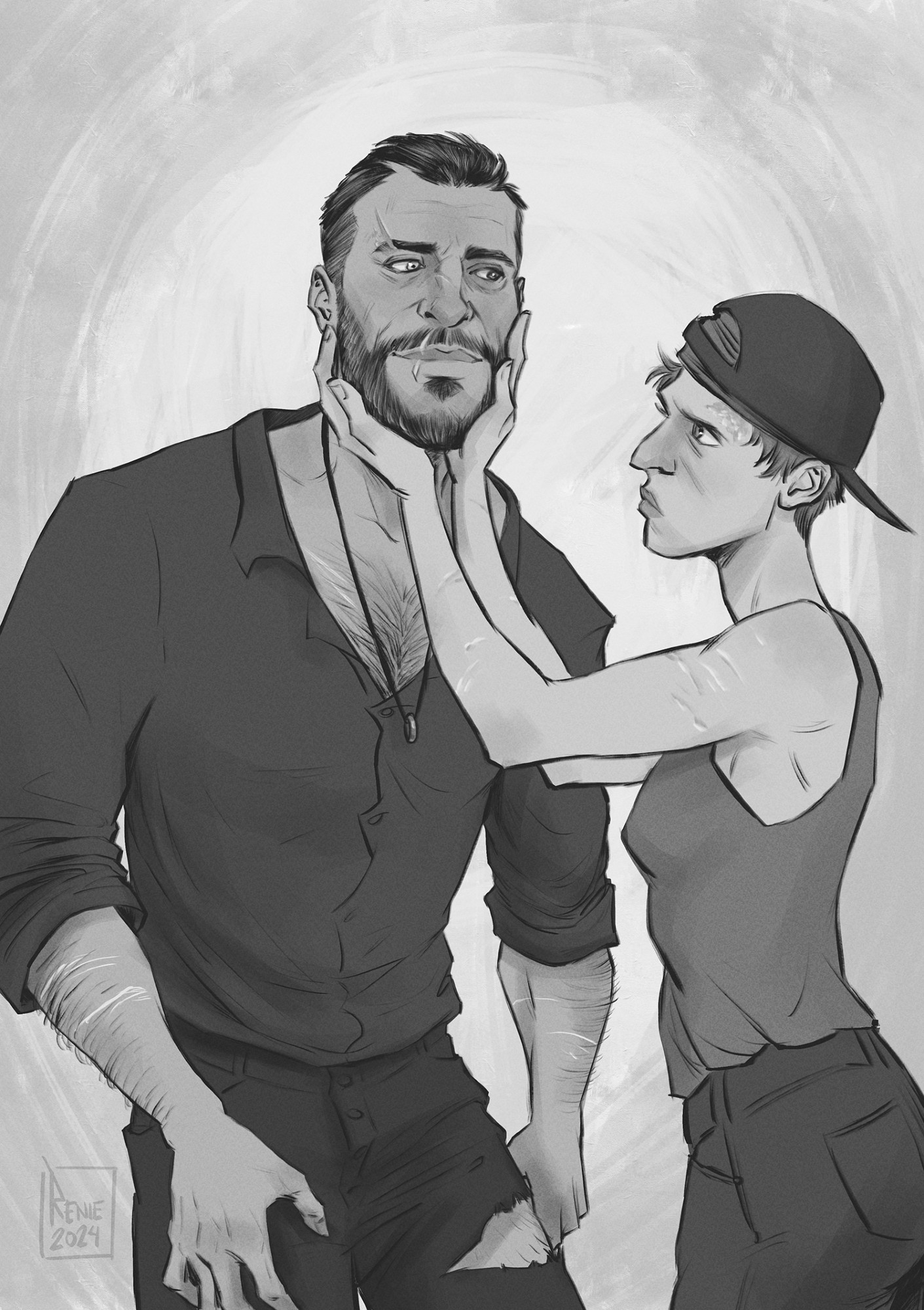 An illustration in greyscale. It shows Kyle Crane standing with a slight slouch and looking down at Zofia Sirota. Zofia is looking at him skeptically while she cups his chin between her hands and inspects his mutated eye. He is smiling at her.