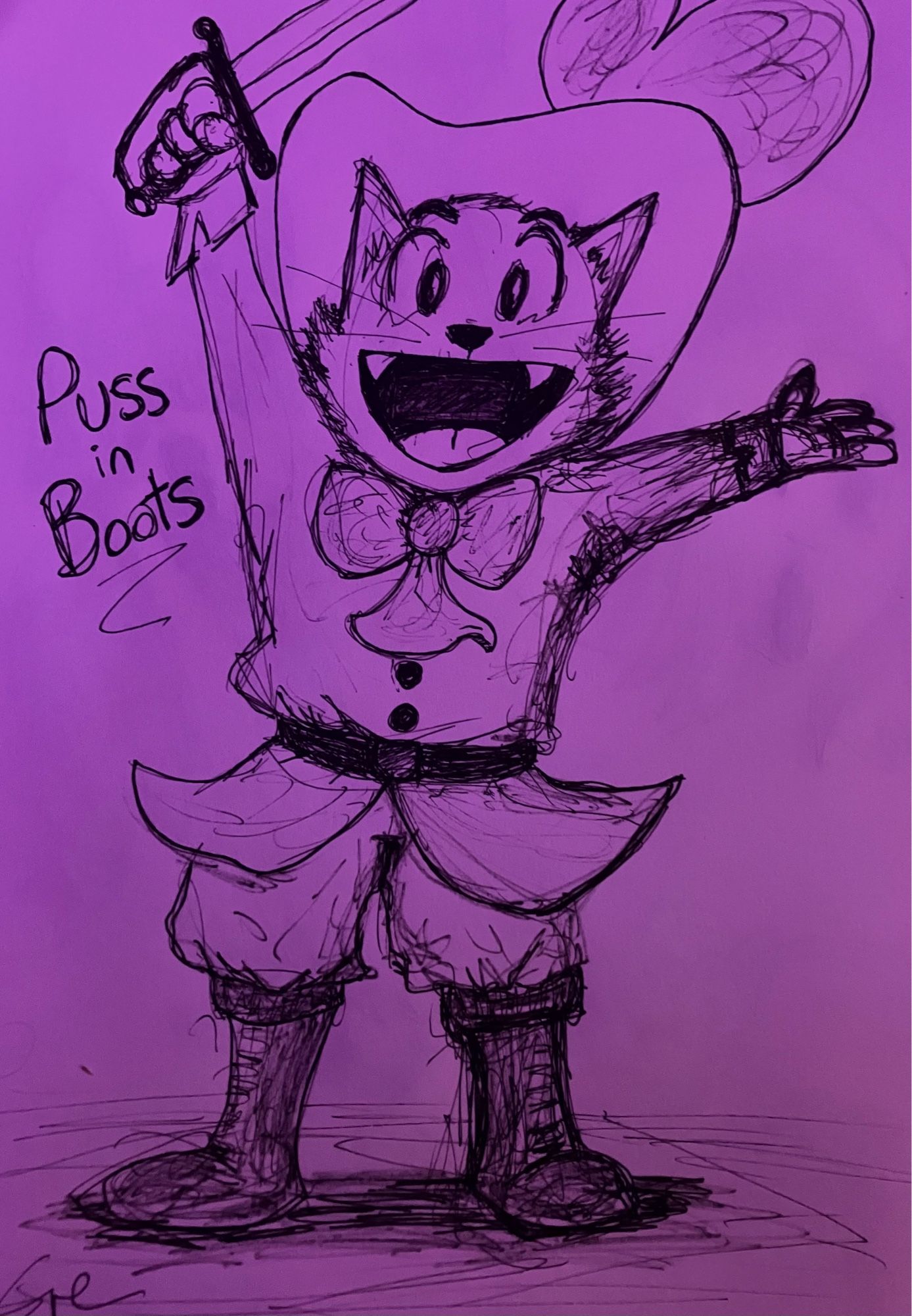 My own spin on the Puss in Boots character heavily influenced by the Toei version.  A cat dressed as a musketeer stands triumphantly with his sword held high and a big smile on his face.  He’s Puss in Boots!