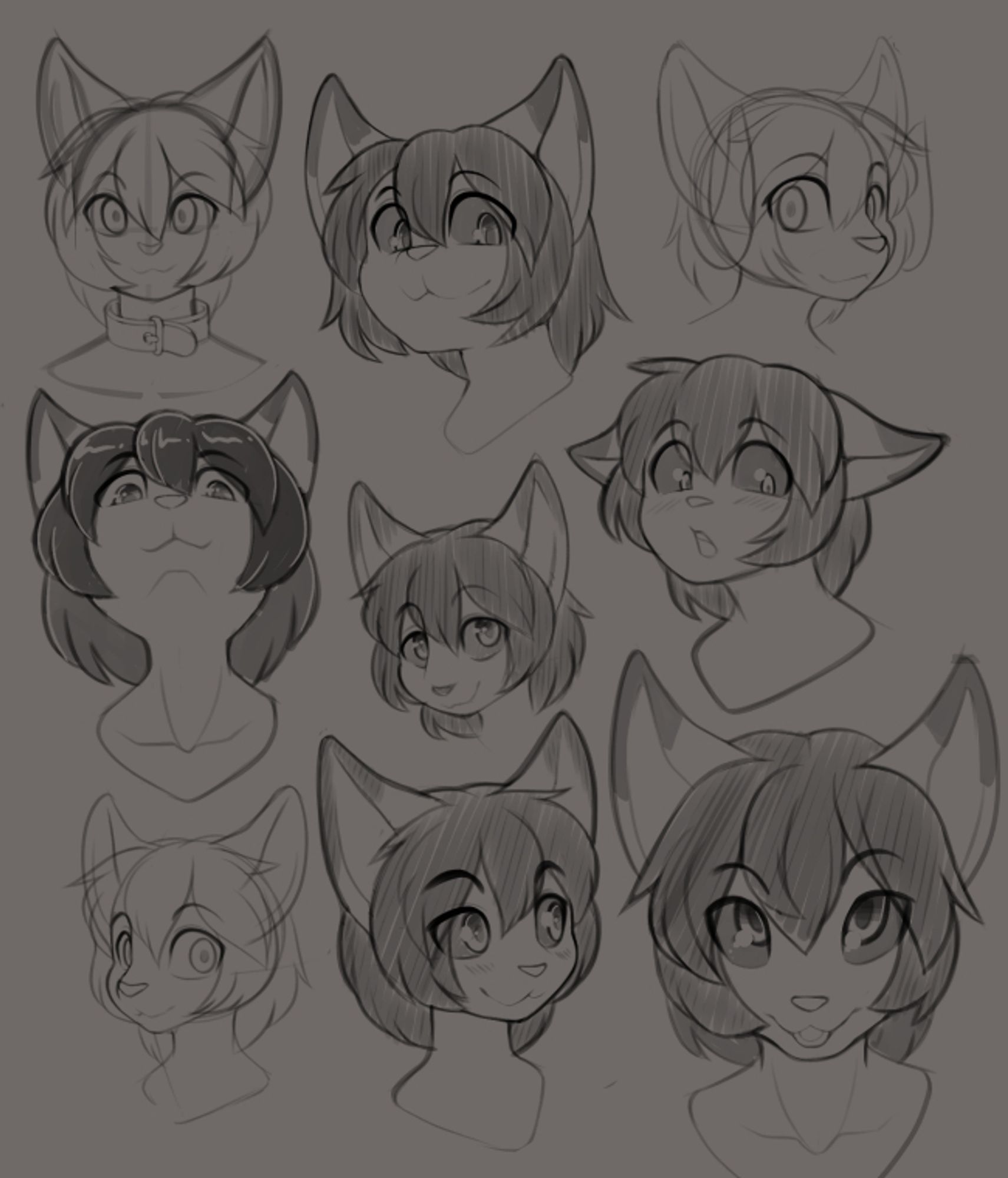 Multiple faces in various angles of an anthropomorphic cat