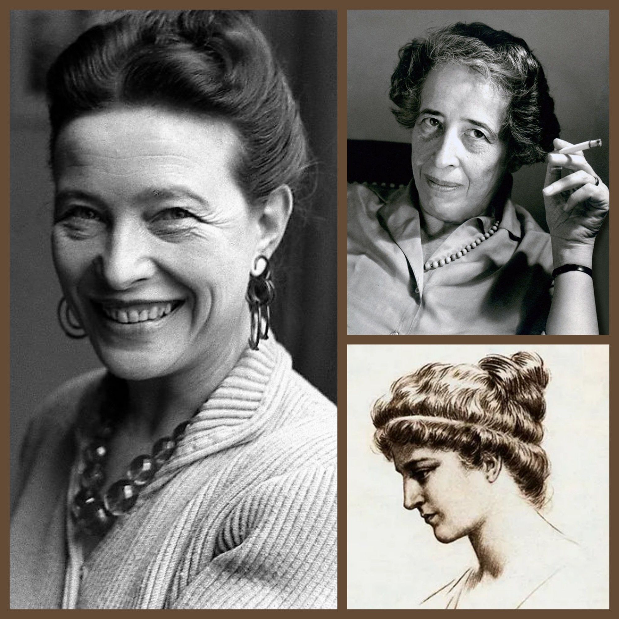 A collage of three women, Simone de Beauvoir, Hannah Arendt, and Hypatia of Alexandria