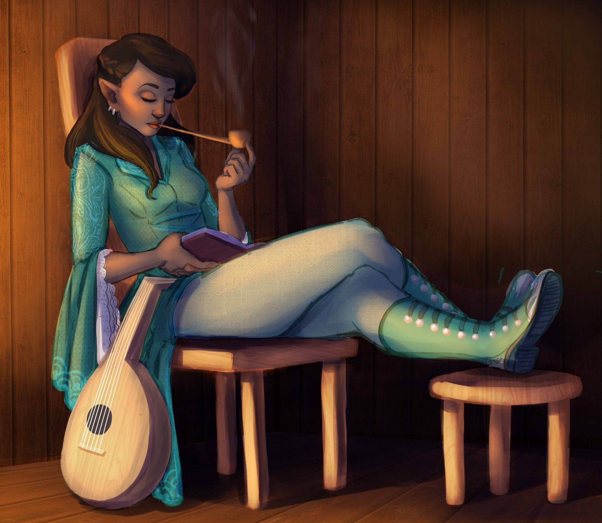 A dark skinned half elf woman, wearing a green outfit with trailing sleeves. She sits on a chair, with her feet on a stool. She's reading a book while smoking a pipe. A lute is propped at her side. Art by Cass Helwick