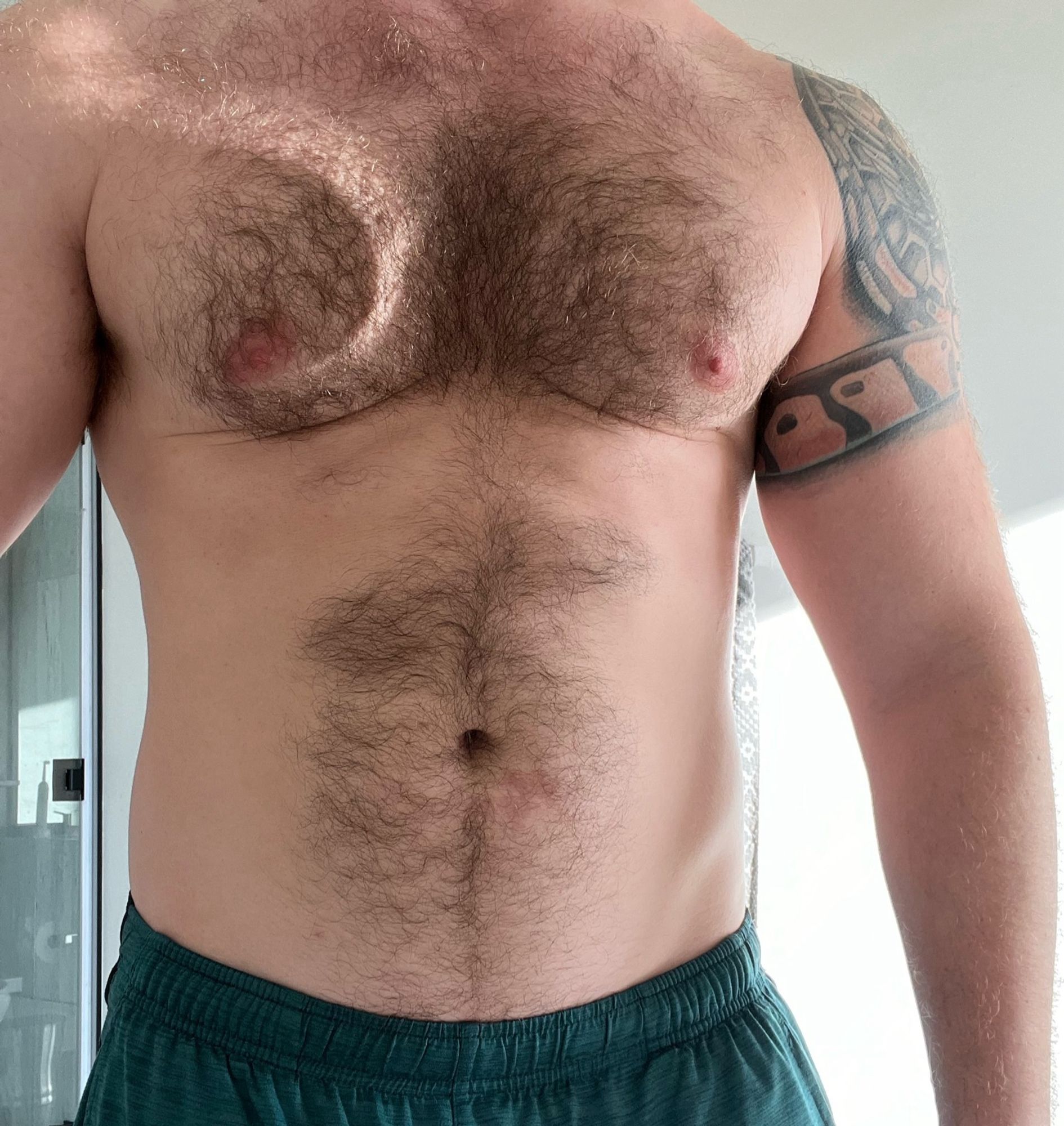 Boss’s hairy chest and belly