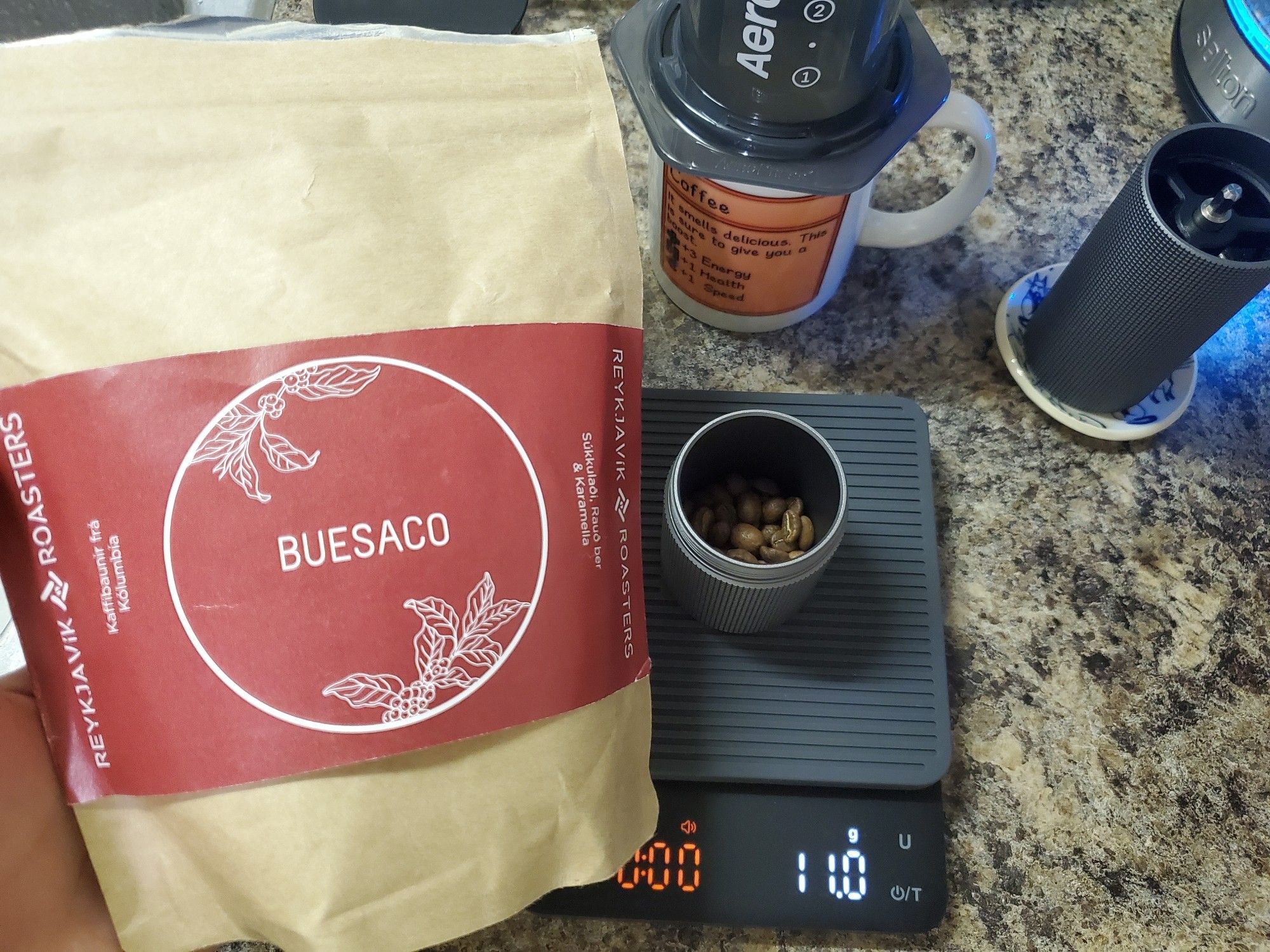 Buesaco from Reykjavik Roasters, Iceland. Coffee grown in Colombia. Also scale, mug aeropress, and grinder pictured.