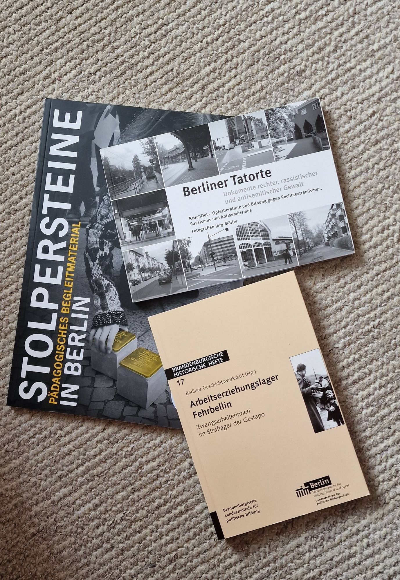 Auf dem Foto zu sehen ein Buch zu päd. Methoden für Stolpersteine in Schule, ein Buch zum Arbeitslager Fehrbellin bei Berlin, ein Buch Berliner Tatorte zu raschistischen Tatorten in Berlin