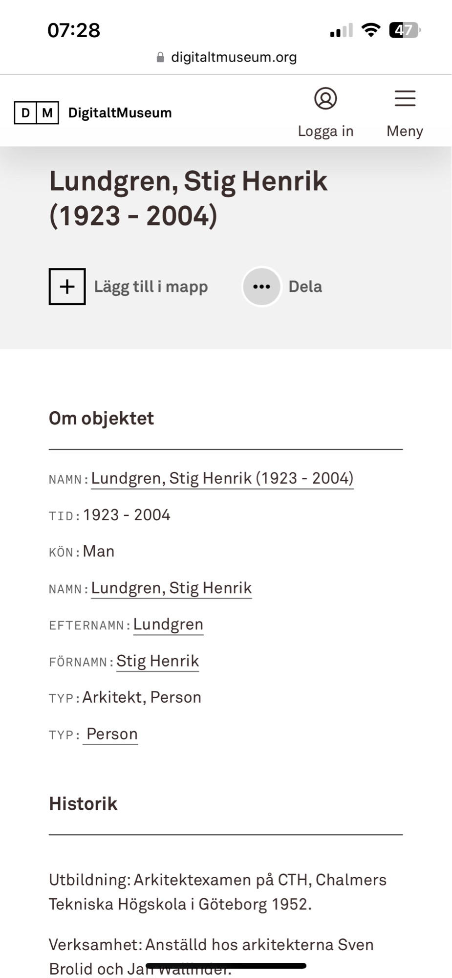 Stig Helmer Lundgren (1923-2004) arkitekt. Digitalmuseum