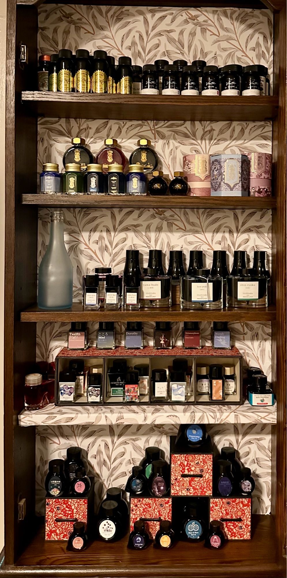 The ink cabinet, with a closeup on the jars of ink. YES IT IS OUT OF DIRECT LIGHT!!!