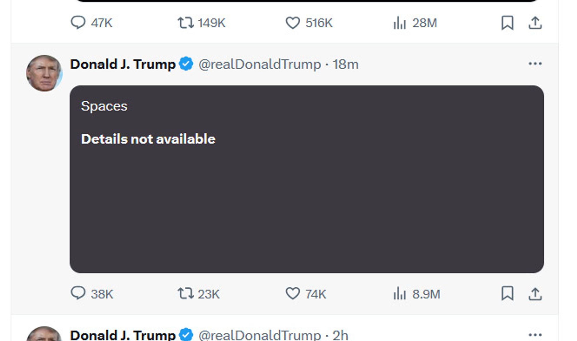 Donald Trump's Twitter account, his "Spaces" setup, which appears to have grayscreened and crashed out. "Details not available" is the only text.