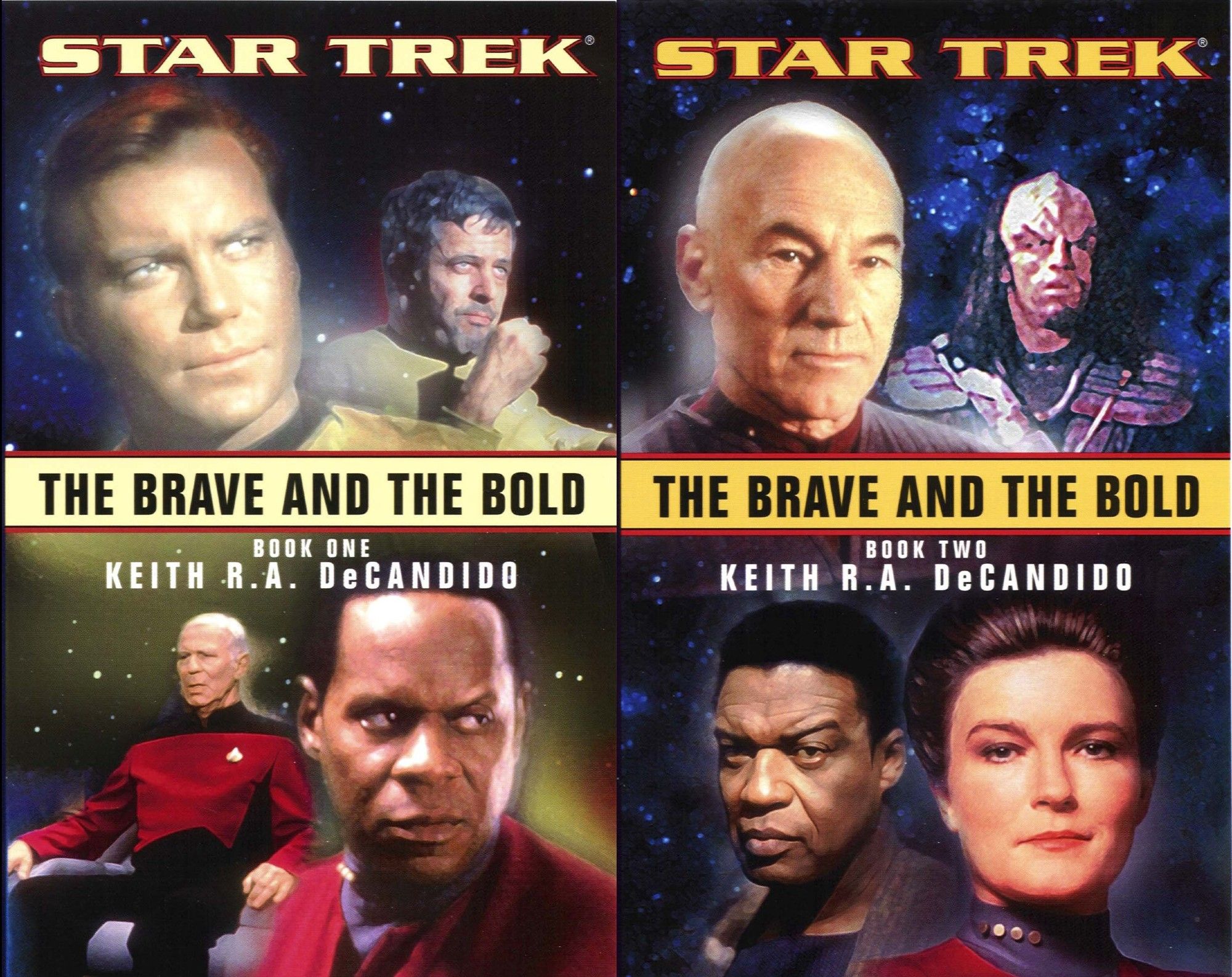 Covers of the 2 volume book set, "Star Trek - The Brave and the Bold" which consists of pictures of various captains across the Star Trek franchise.