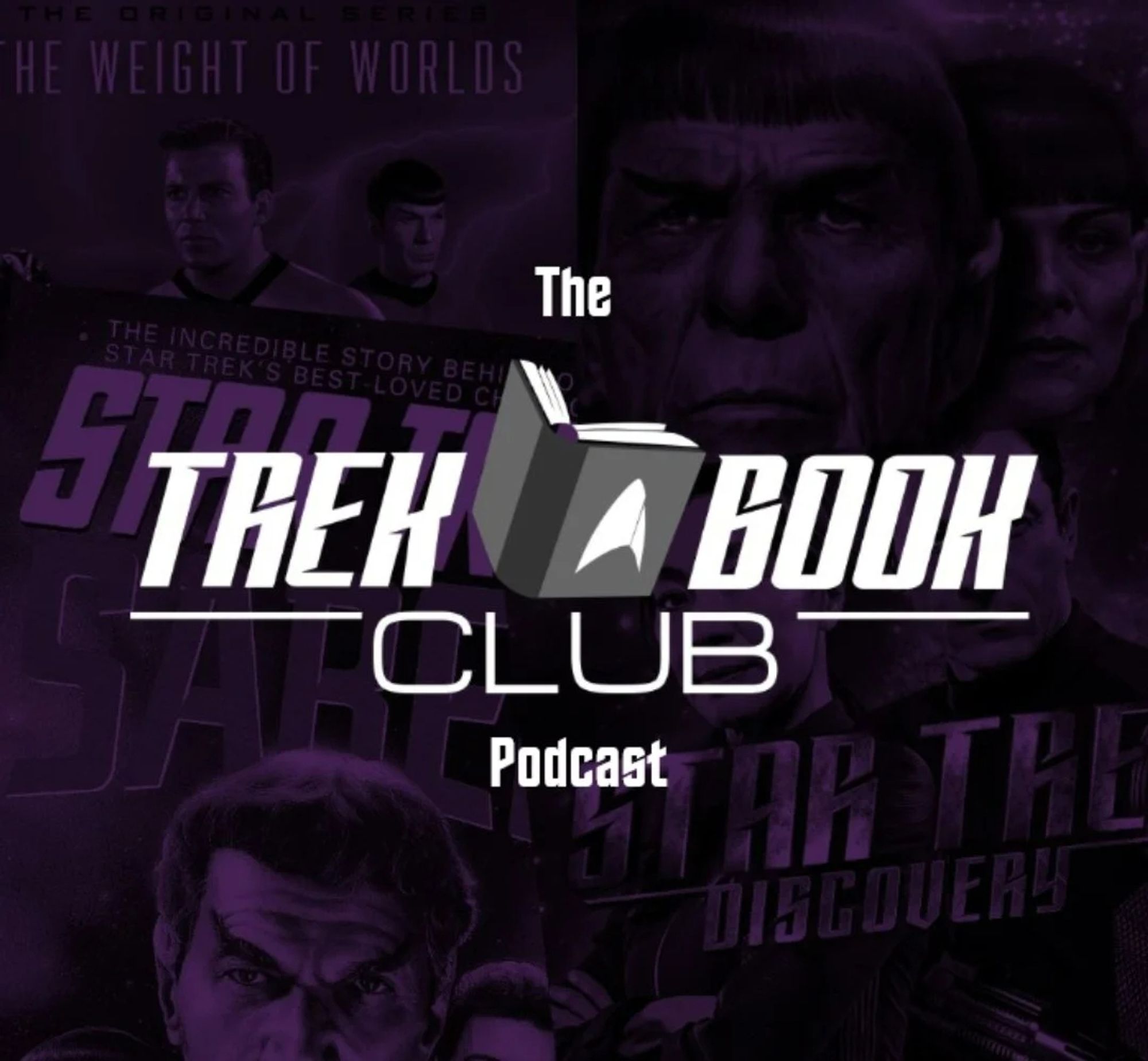 Cover graphic of Trek Book Club Podcast - White title over purple background with faint images of various Star Trek book covers