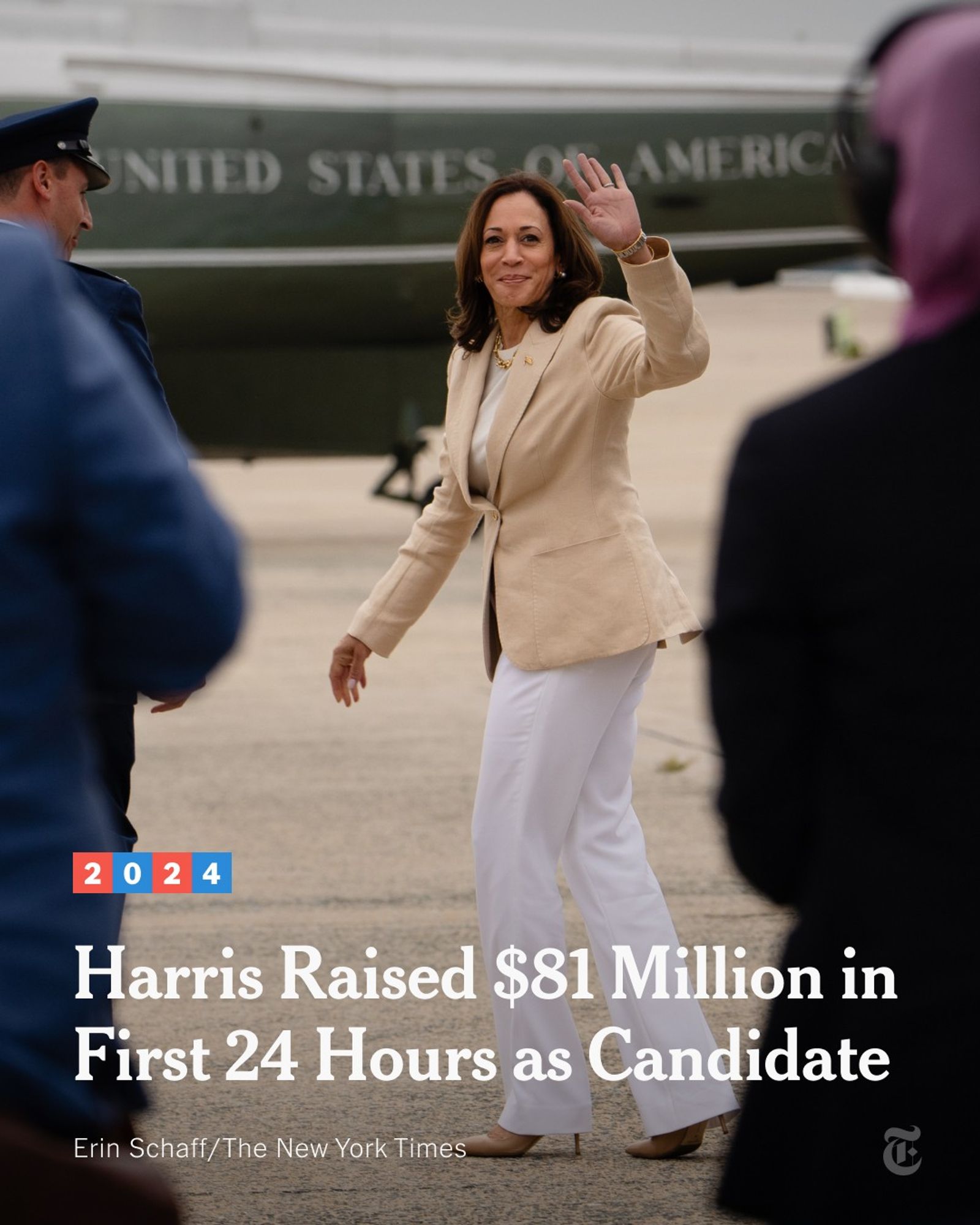 Vice President Kamala Harris, wearing a beige jacket and white pants, is waving with her left hand as she walks toward a plane. A headline reads: Harris Raised $81 Million in First 24 Hours as Candidate. Photo by Erin Schaff/The New York Times