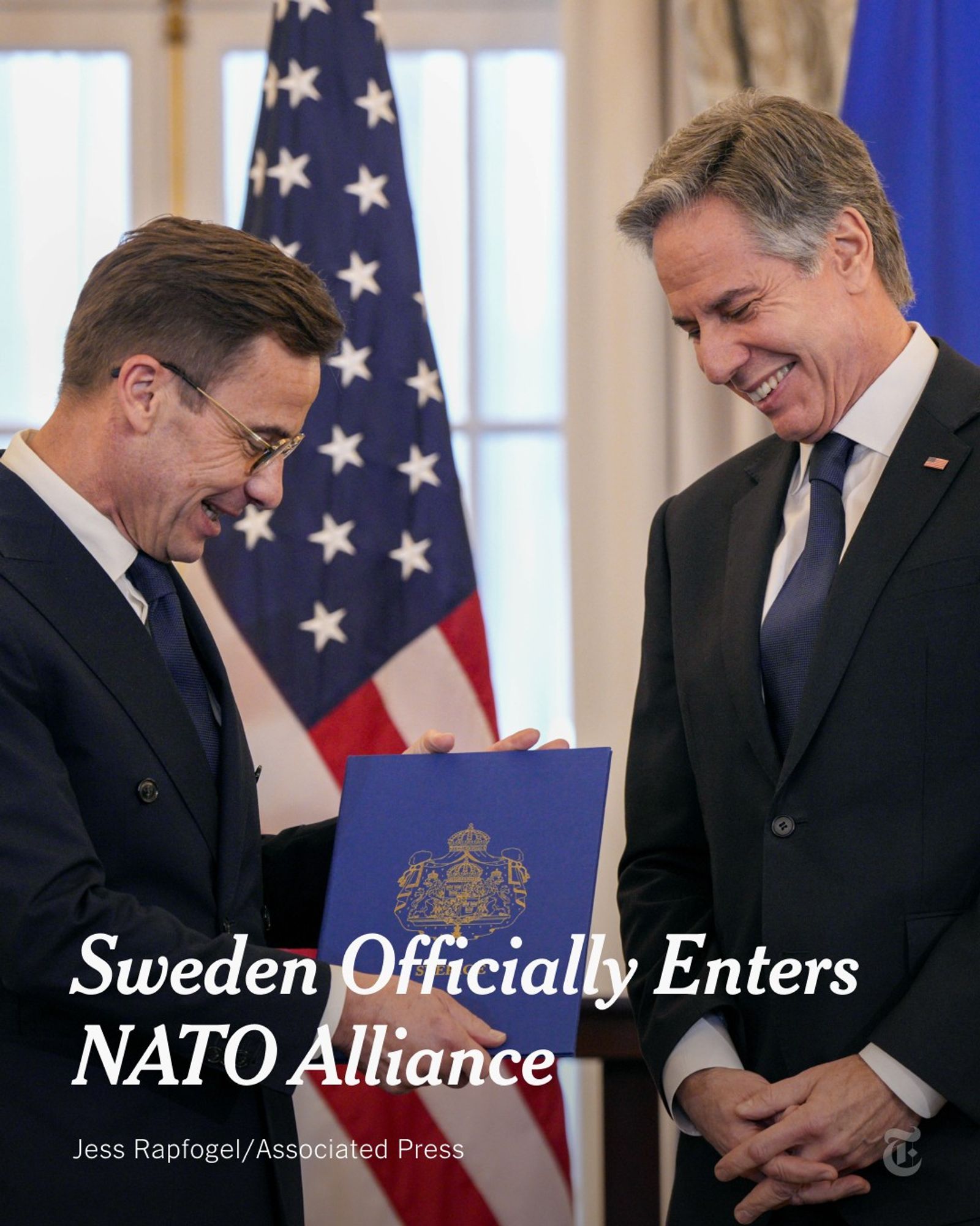 Prime Minister Ulf Kristersson, with Secretary of State Antony Blinken in Washington on Thursday. They are smiling and standing together in a room with Swedish and U.S. flags. A headline reads: "Sweden Officially Enters NATO Alliance, a Strategic Blow to Moscow." Photo by Jess Rapfogel/Associated Press.