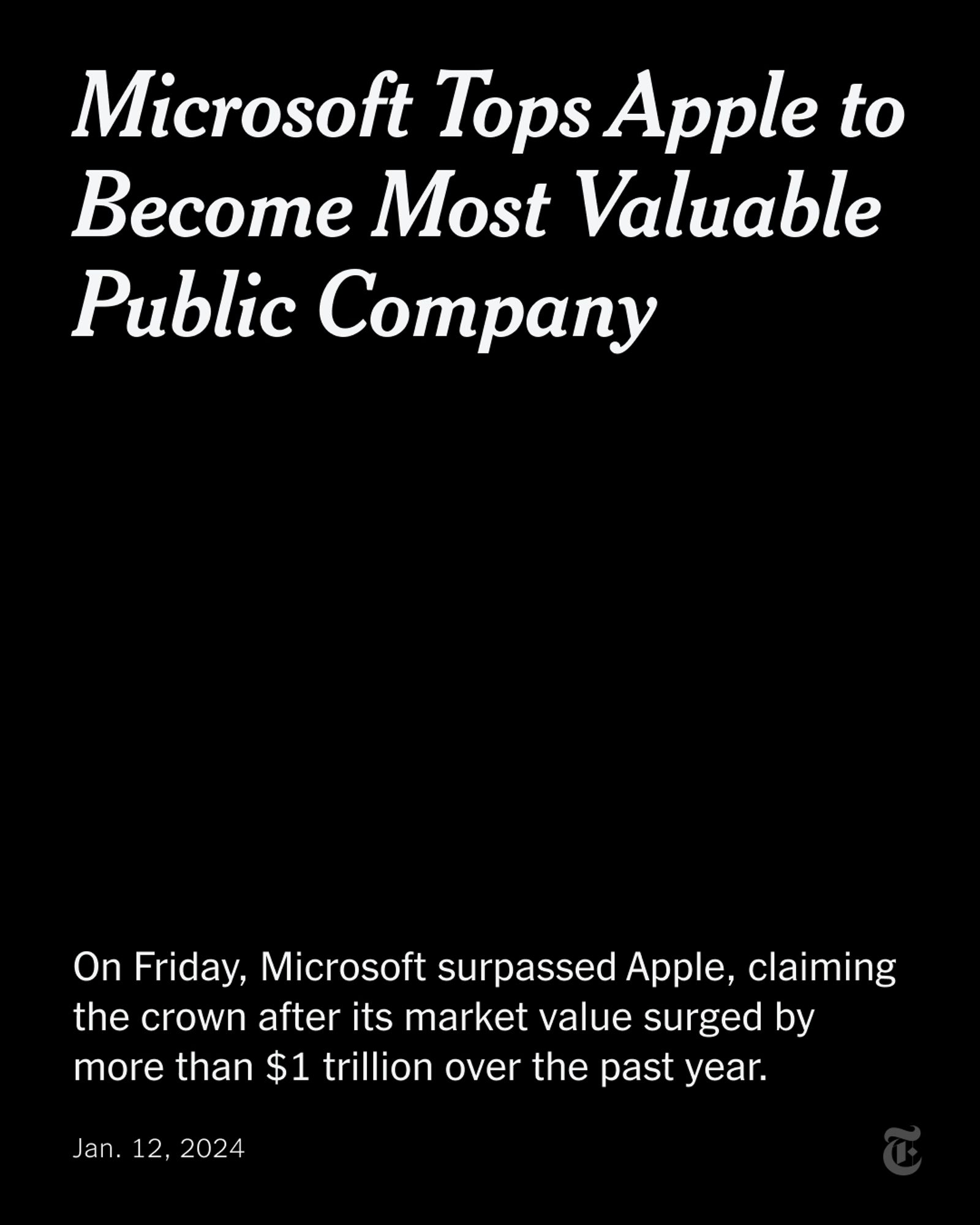 A headline reads: Microsoft Tops Apple to Become Most Valuable Public Company. A sentence reads: On Friday, Microsoft surpassed Apple, claiming the crown after its market value surged by more than $1 trillion over the past year.