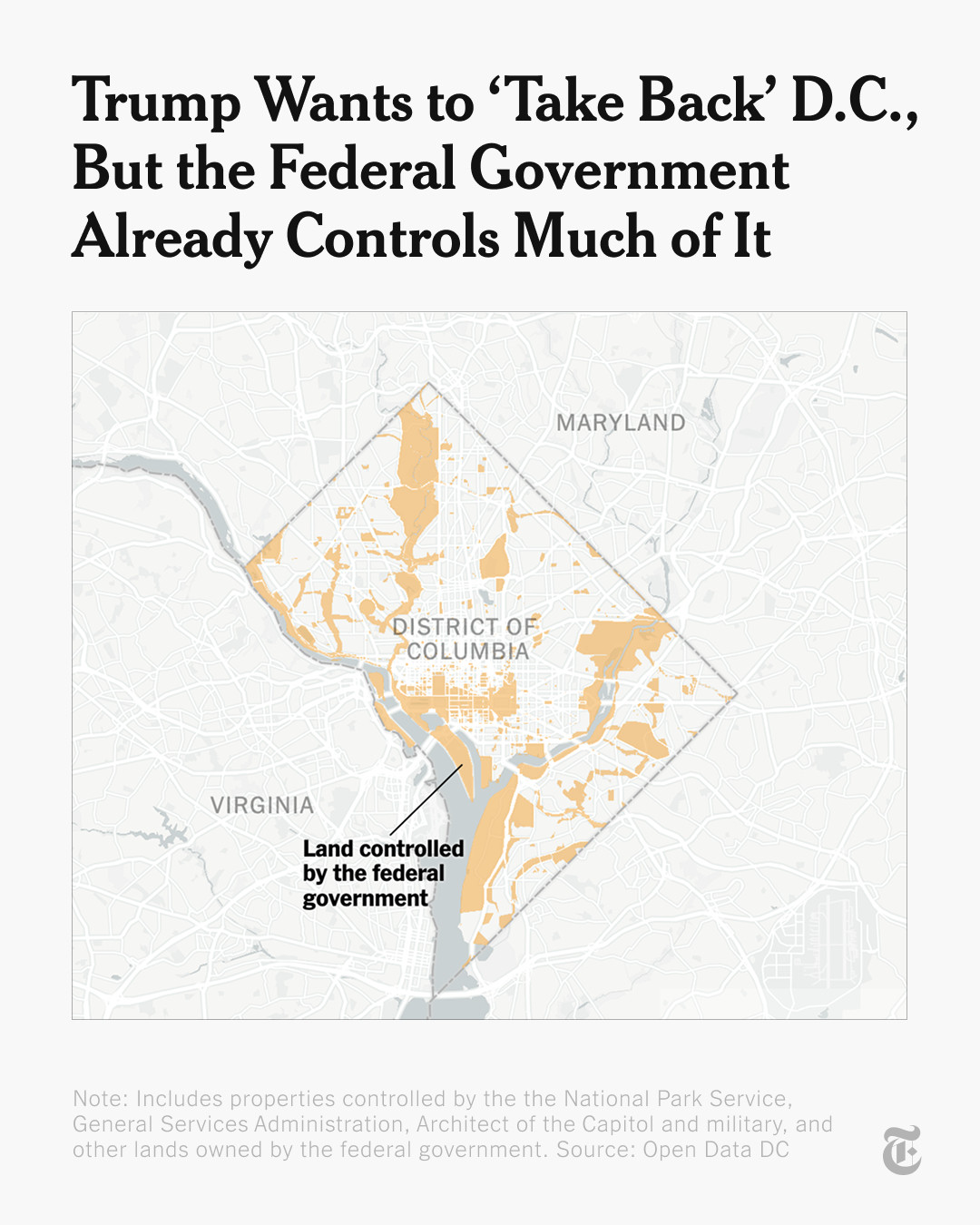 Text reads: "Trump Wants to 'Take Back' D.C., But the Federal Government Already Controls Much of It" over a map highlighting land controlled by the federal government. 