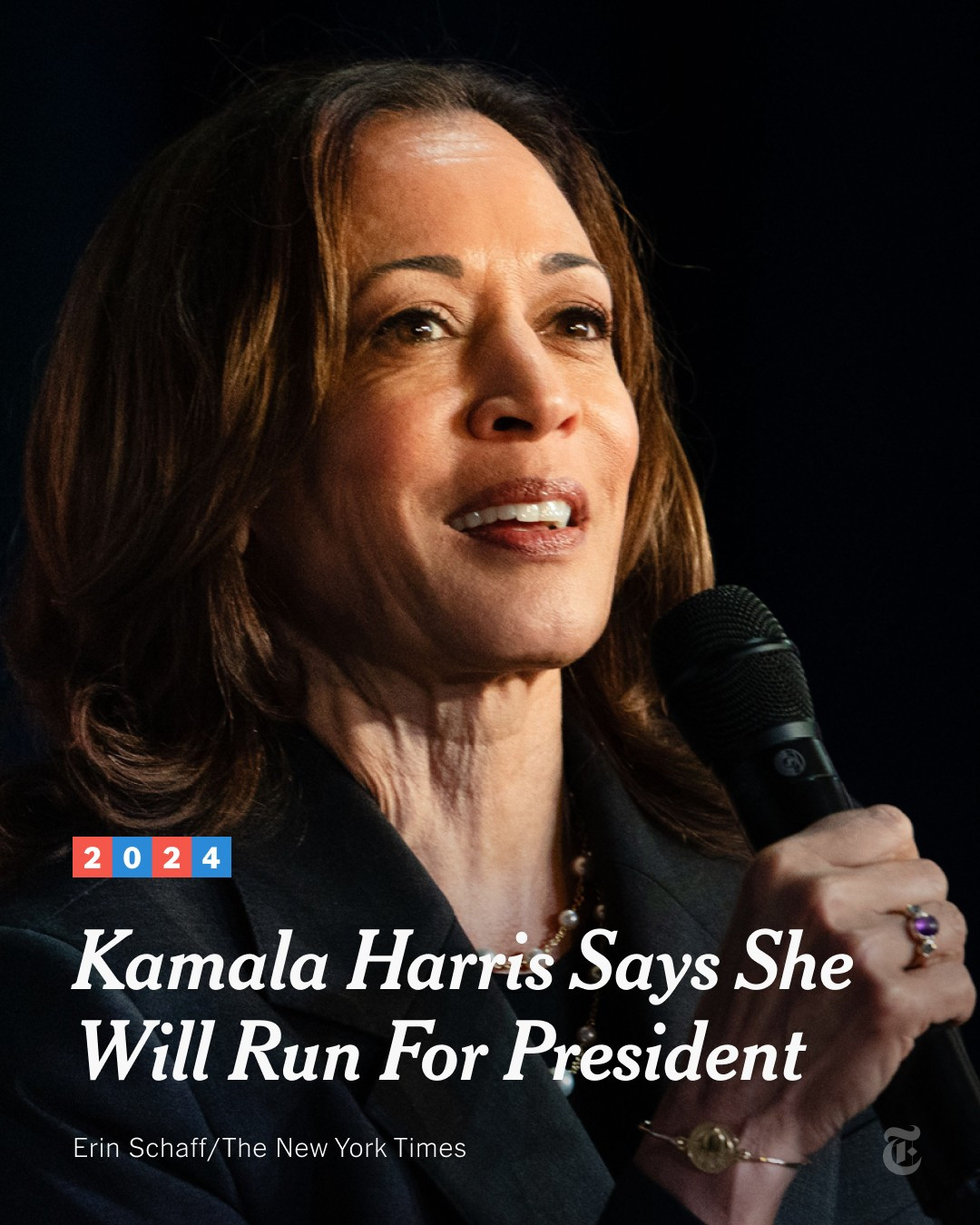 Kamala Harris in a dark suit holds a microphone. A headline reads: "2024: Kamala Harris Says She Will Run for President" Photo by Erin Schaff