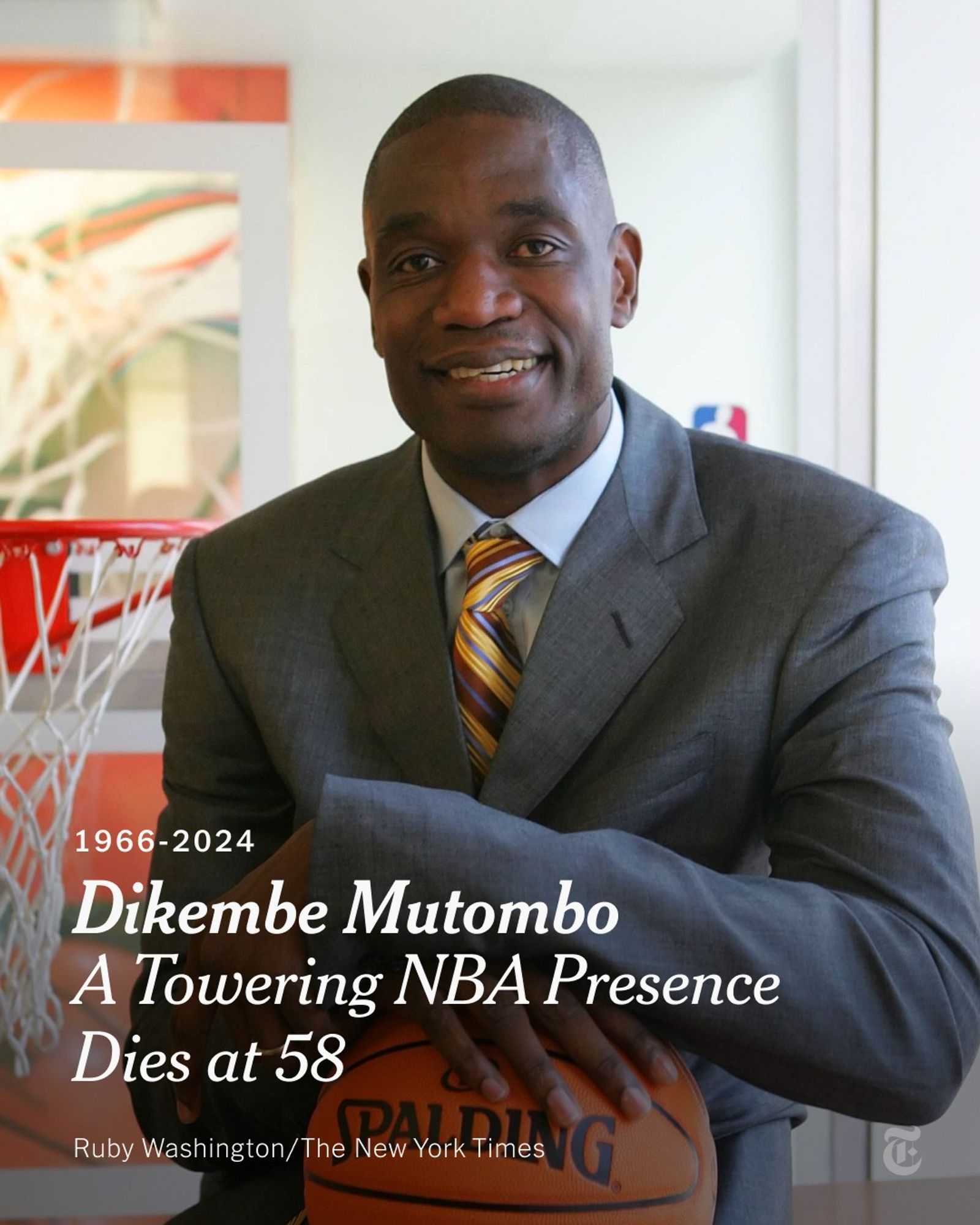 Dikembe Mutombo is wearing a gray suit and a striped tie, and is holding a basketball. The text reads: "1966 to 2024, Dikembe Mutombo, a Toweing NBA Presence Dies at 58." Photo by Ruby Washington/The New York Times.