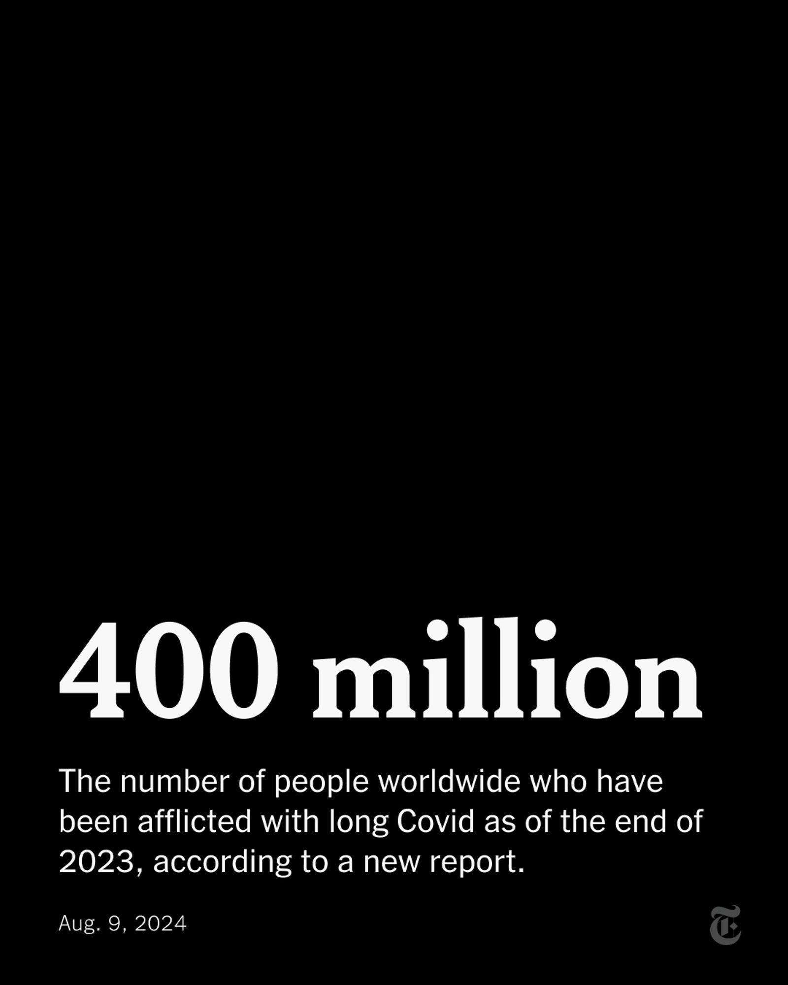 A card reads: "400 million. The number of people worldwide who have been afflicted with long Covid as of the end of 2023, according to a new report."