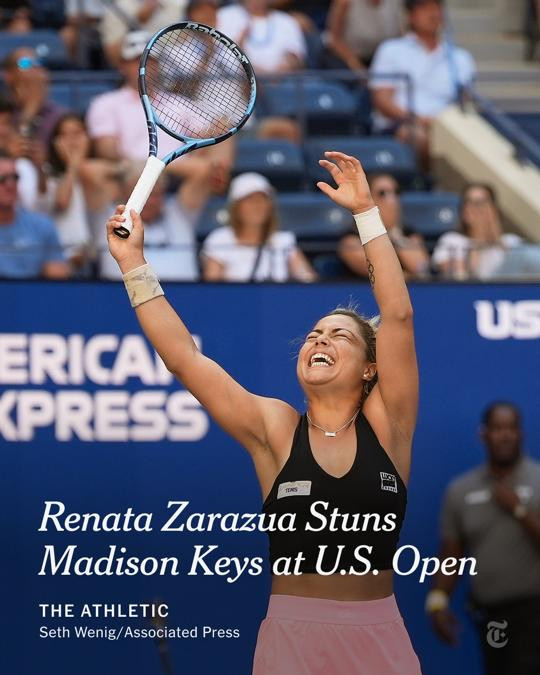 Mexico's Renata Zarazua in a black shirt and pink skirt celebrates after a match with both hands in the air. Text reads: "Renata Zarazua Stuns Madison Keys at U.S. Open"
