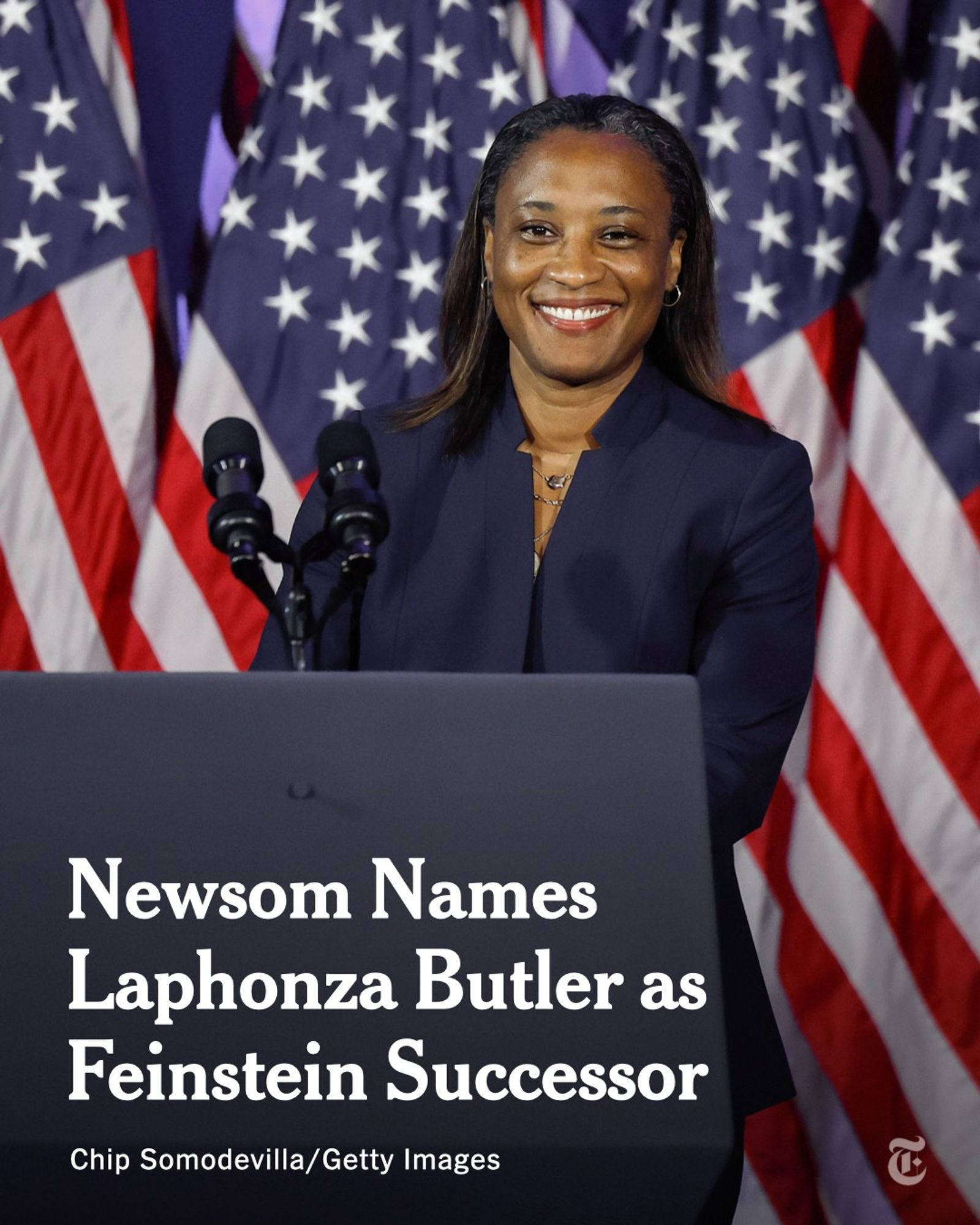 Laphonza Butler stands at a lectern in front of U.S. flags. She looks at the camera and smiles. White text reads: “Newsom Names Laphonza Butler as Feinstein Successor.” Photo credit: Chip Somodevilla/Getty Images.