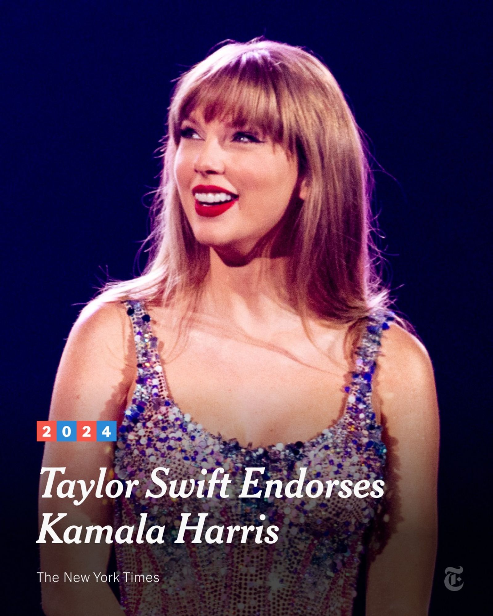 A headline reads: "Taylor Swift Endorses Kamala Harris." Swift is looking to her right and smiling while onstage during the Eras Tour. Photo by The New York Times.