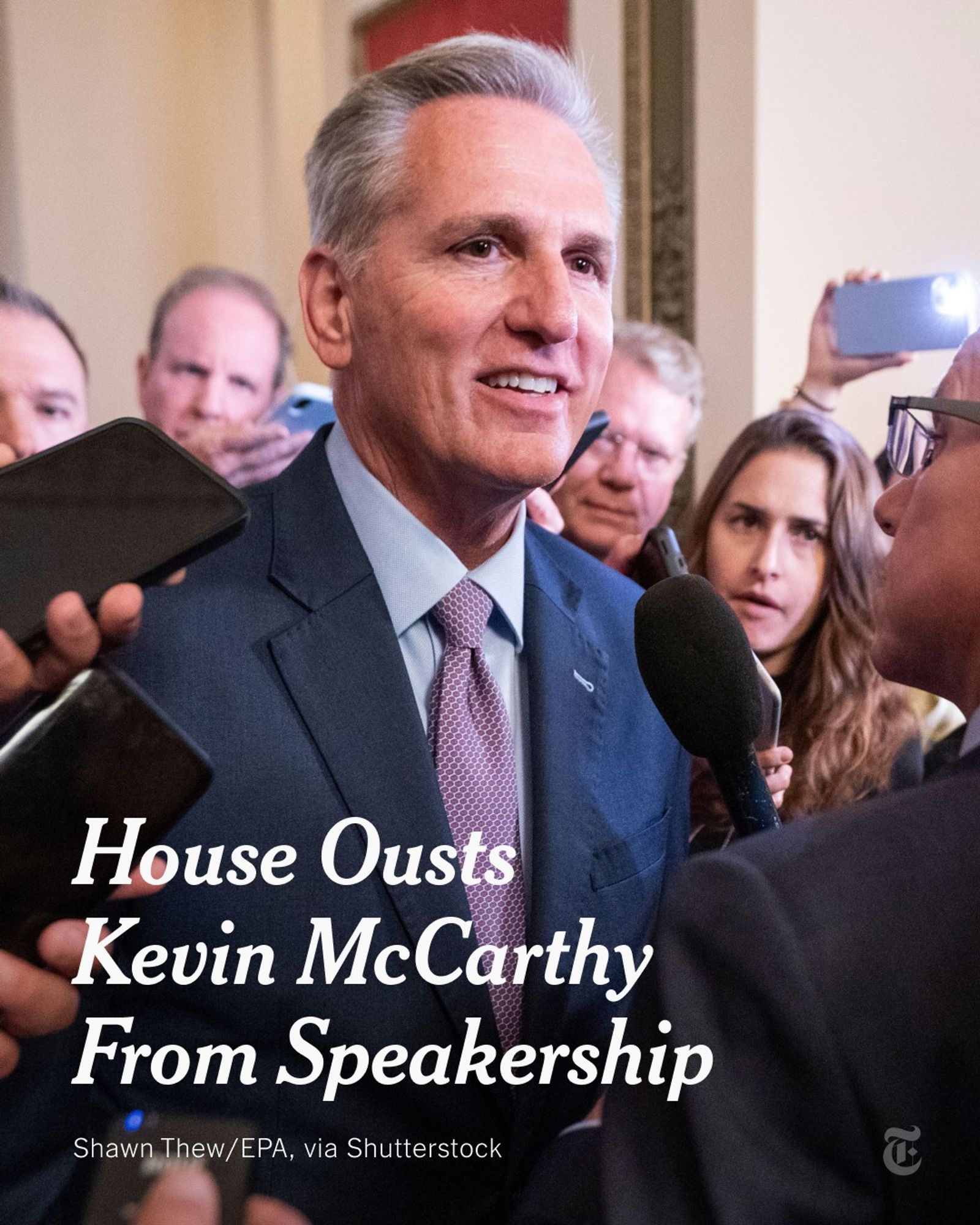 A photo of Kevin McCarthy surrounded by the press. A headline reads "House Ousts Kevin McCarthy From Speakership."