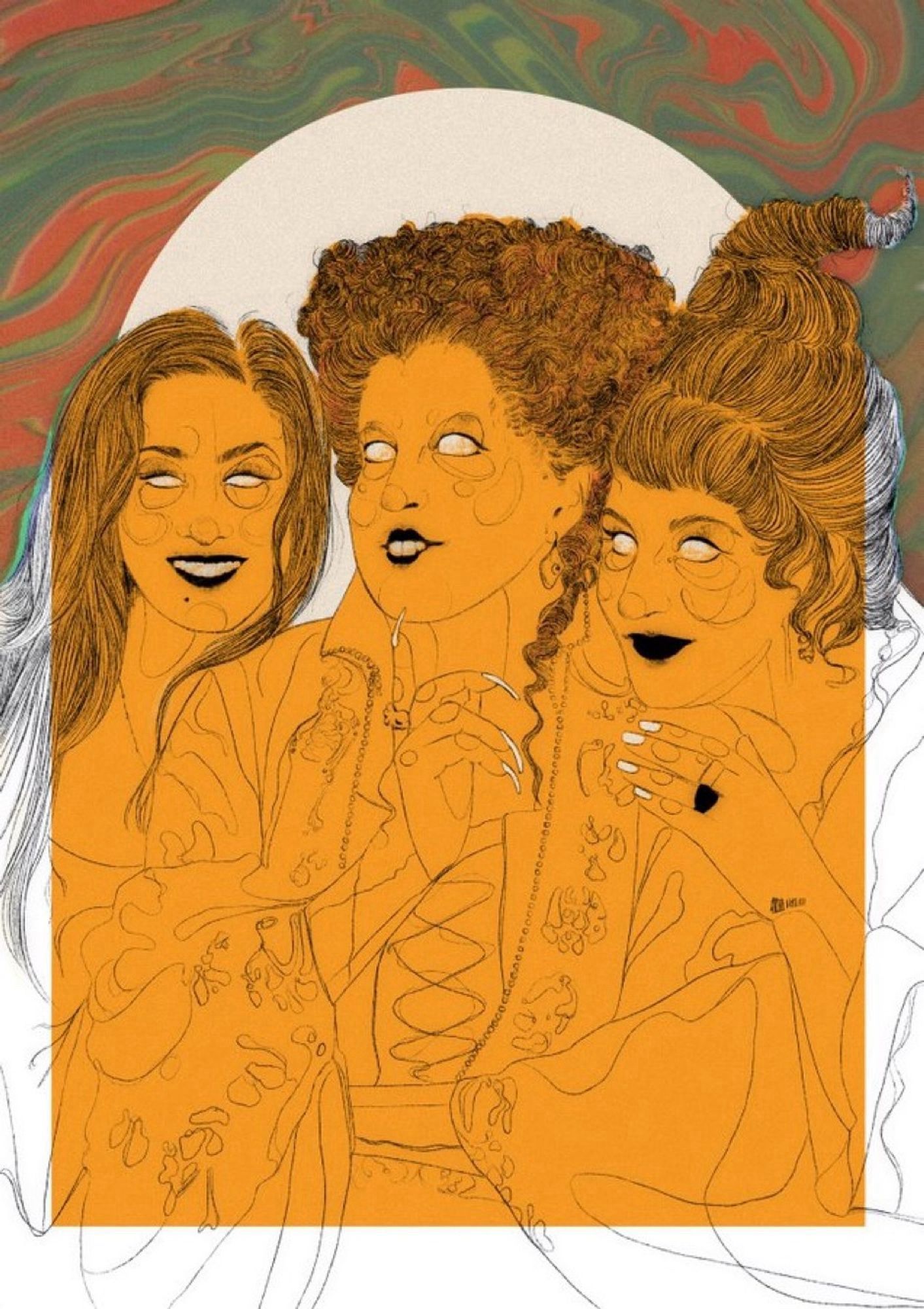 a black line drawing illustration of the sanderson sisters from hocus pocus on an orange background with rust orange and dark green swirls