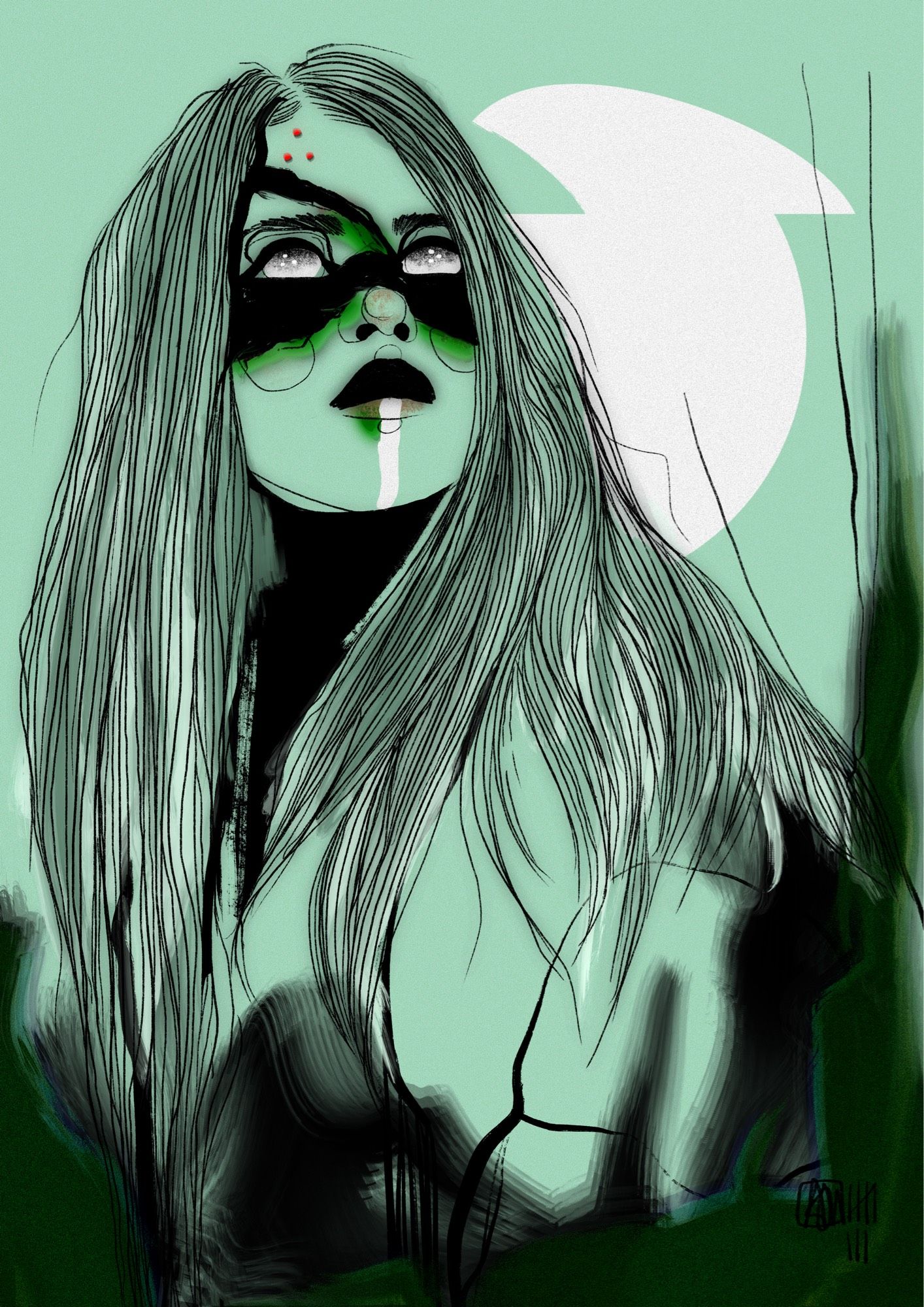 An illustration of a woman with long, flowing hair. The colour palette is primarily cool tones, with light green skin and deep black and green accents. Her eyes are obscured by a dark mask-like marking that covers the upper half of her face, with green hues radiating outward. Her lips are dark, and a white streak runs down from her lower lip, contrasting against the surrounding colors. Red dots adorn her forehead, and a faint white, crescent-shaped moon is visible behind her, adding a mystical and ethereal quality. The hair is detailed with fine, flowing black lines, giving it a sense of movement. The background is a light green with subtle black streaks at the edges, contributing to the overall surreal and haunting atmosphere.