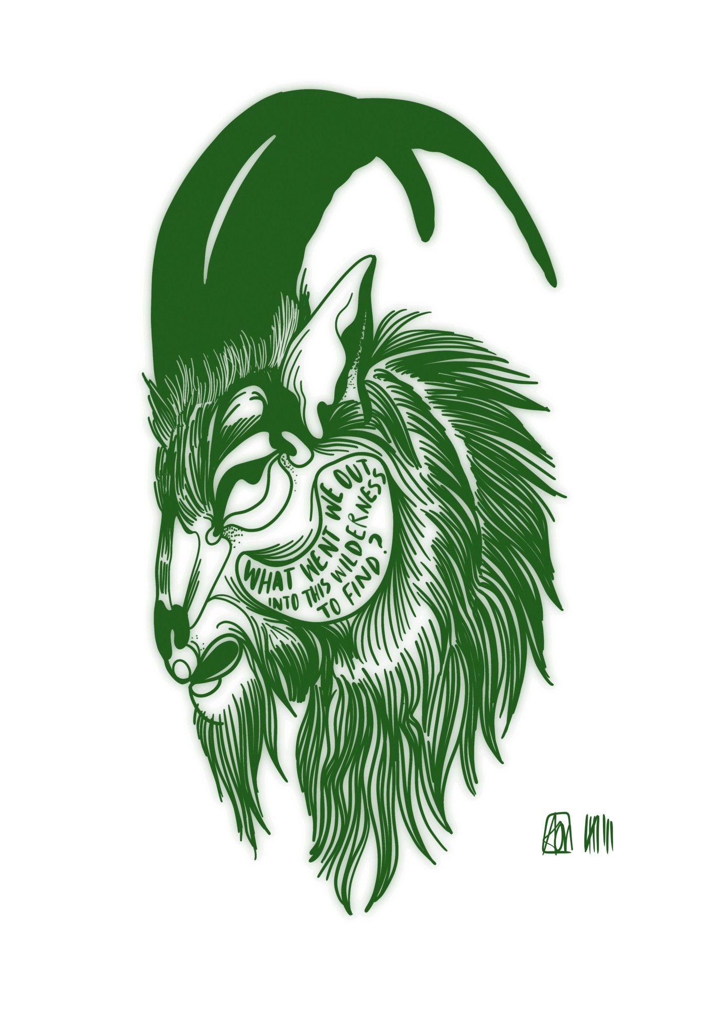 A green line drawing of a goat "Black Phillip" from The Witch with writing in his cheek that reads "what went we out into this wilderness to find?"