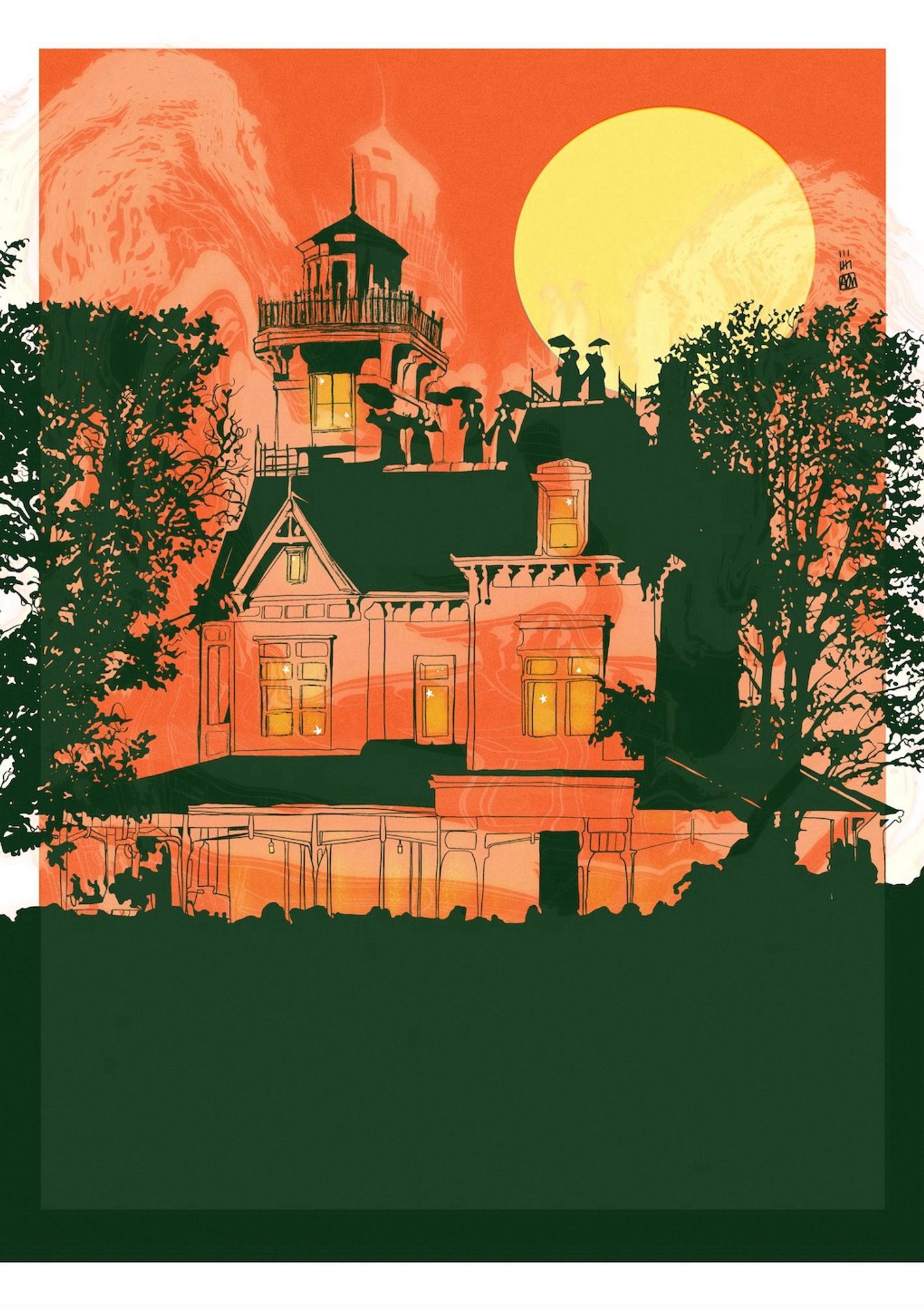 a dark green drawing of the house from practical magic on an orange and pale peach coloured background. there is a pale yellow moon behind the house, six witches are standing on the roof wearing black dresses, black witches hats and holding black umbrellas. there are trees on either side of the house. the lights are shining a warm yellowy orange through the windows and there are small stars dotted around.