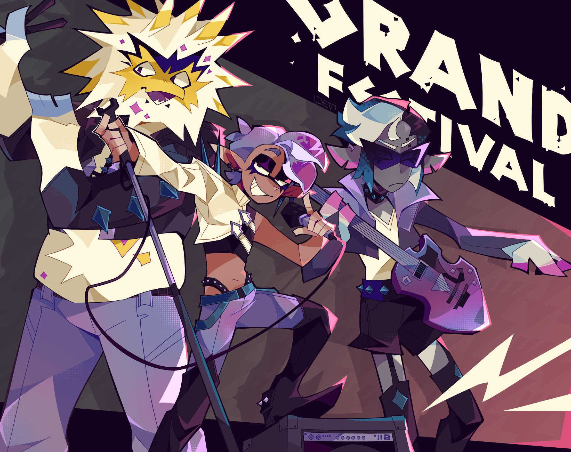 Drawing of the three members of C-Side from Splatoon 3. from left to right, they stand in order of Uotora, Beika, then Kikura. they are all dressed in-theme for the Grand Festival with metallic and iridescent textures. Uotora holds up a pair of drumsticks in one hand while looking to the side. Beika carries a mic stand with the microphone in his other hand and has his foot resting on a guitar amp. Kikura carries their electric guitar with their free arm outstretched. The background is simple with the Grand Festival logo visible in the upper corner