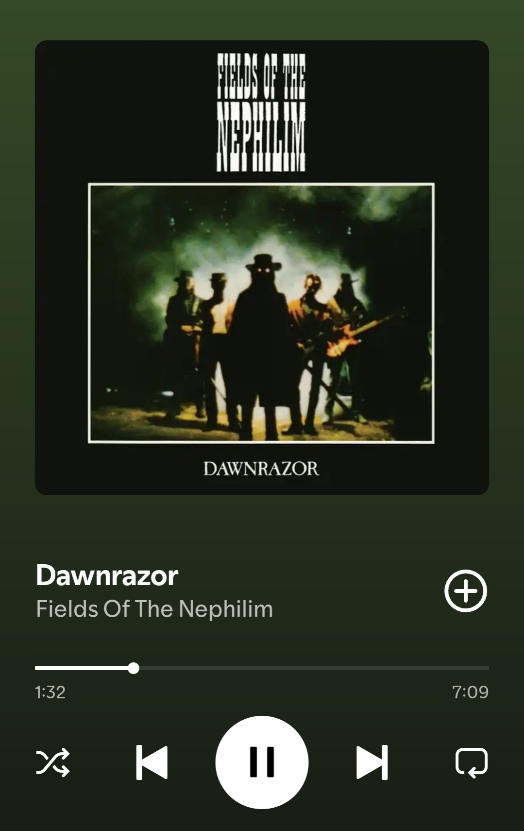 Spotify Screenshot of the Track "Dawnrazor" from the Album "Dawnrazor" by Fields of the Nephilim. The cover features a quite iconic band photo with the band looking like a band of sinister Italo-Western Desperado-Zombies.