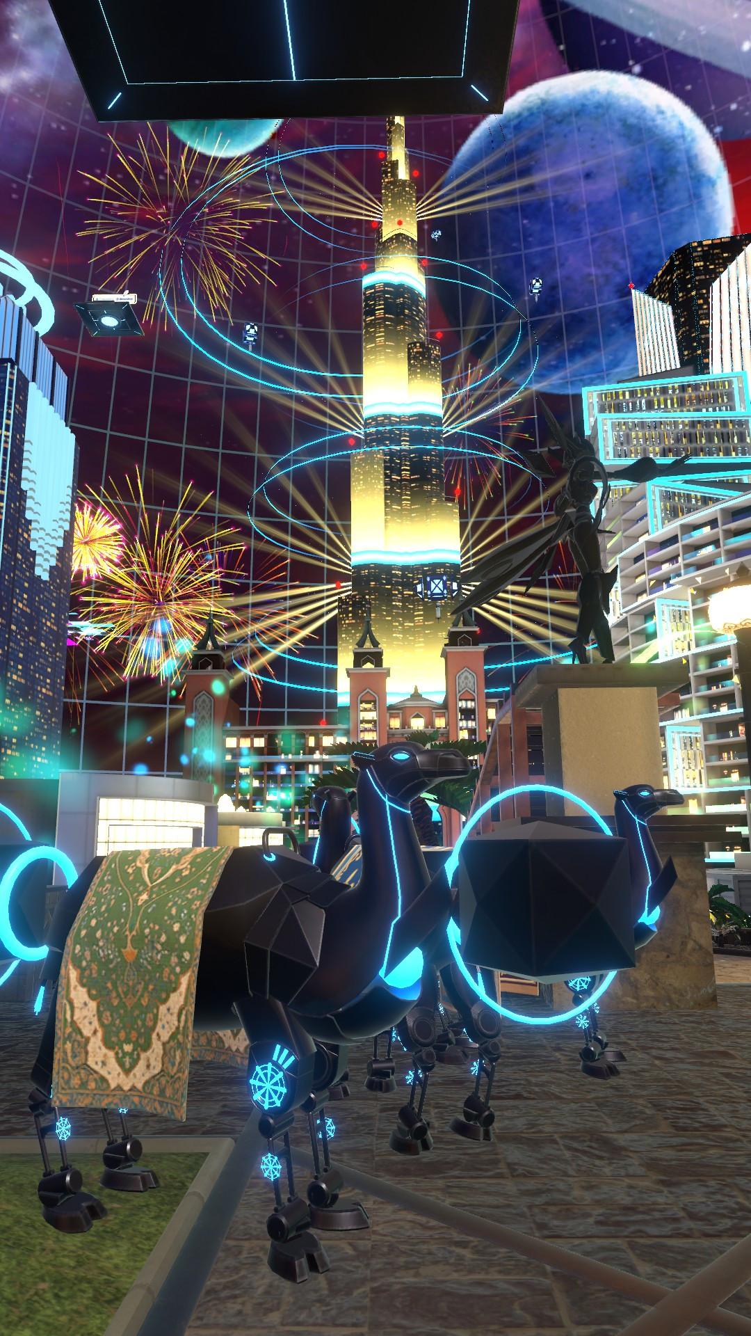 VRChatでのスクリーンショット。Vket summer 2024パラリアルドバイにて、近未来的なドバイの外観とメカラクダの写真。