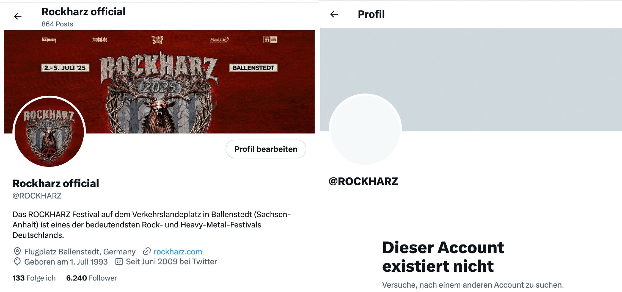 X Screenshots: links ROCKHARZ Account, rechts Account existiert nicht (mehr)