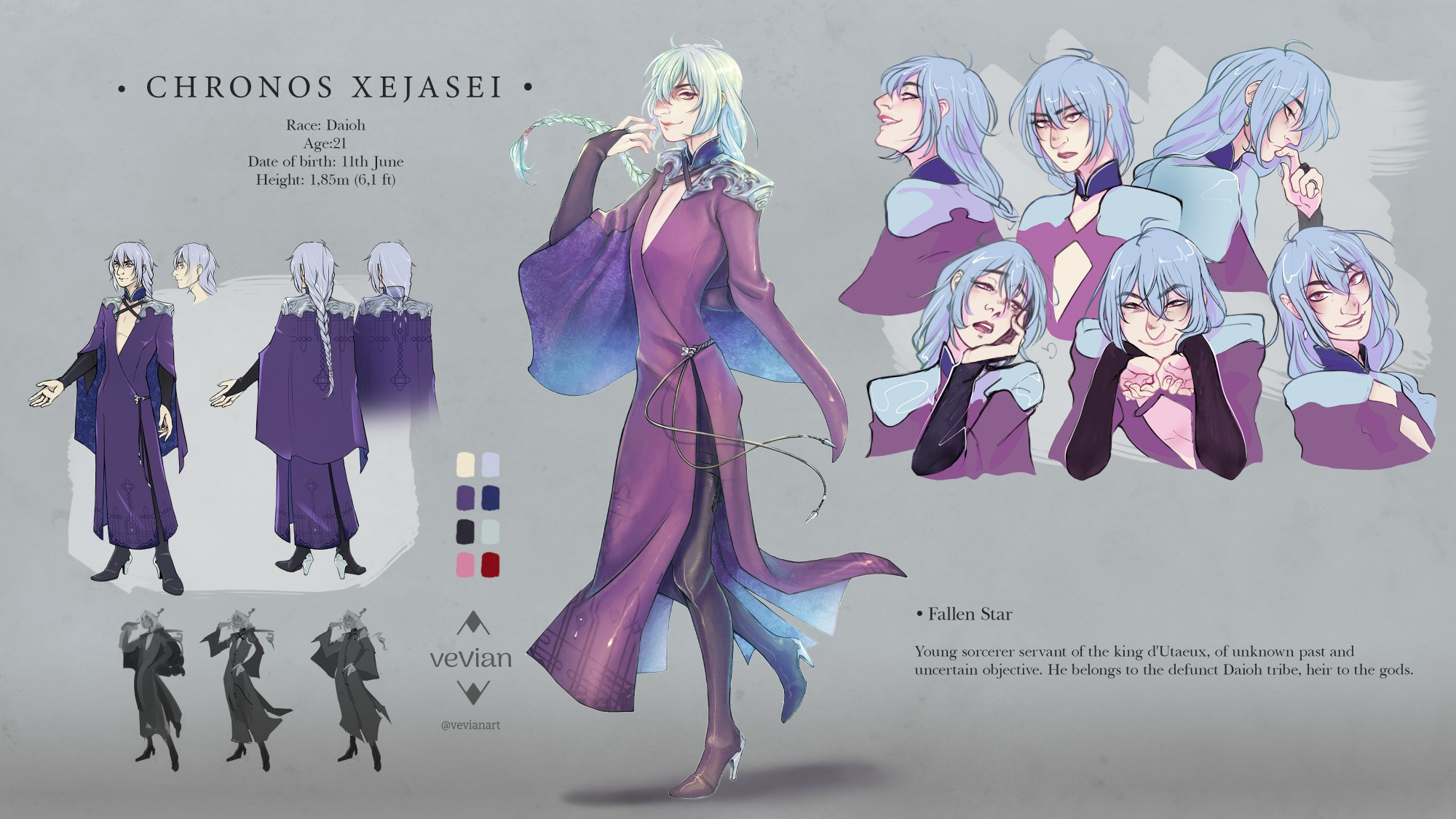 Character sheet  of Chronos Xejasei, a flamboyant young man with silver hair and purple dress.