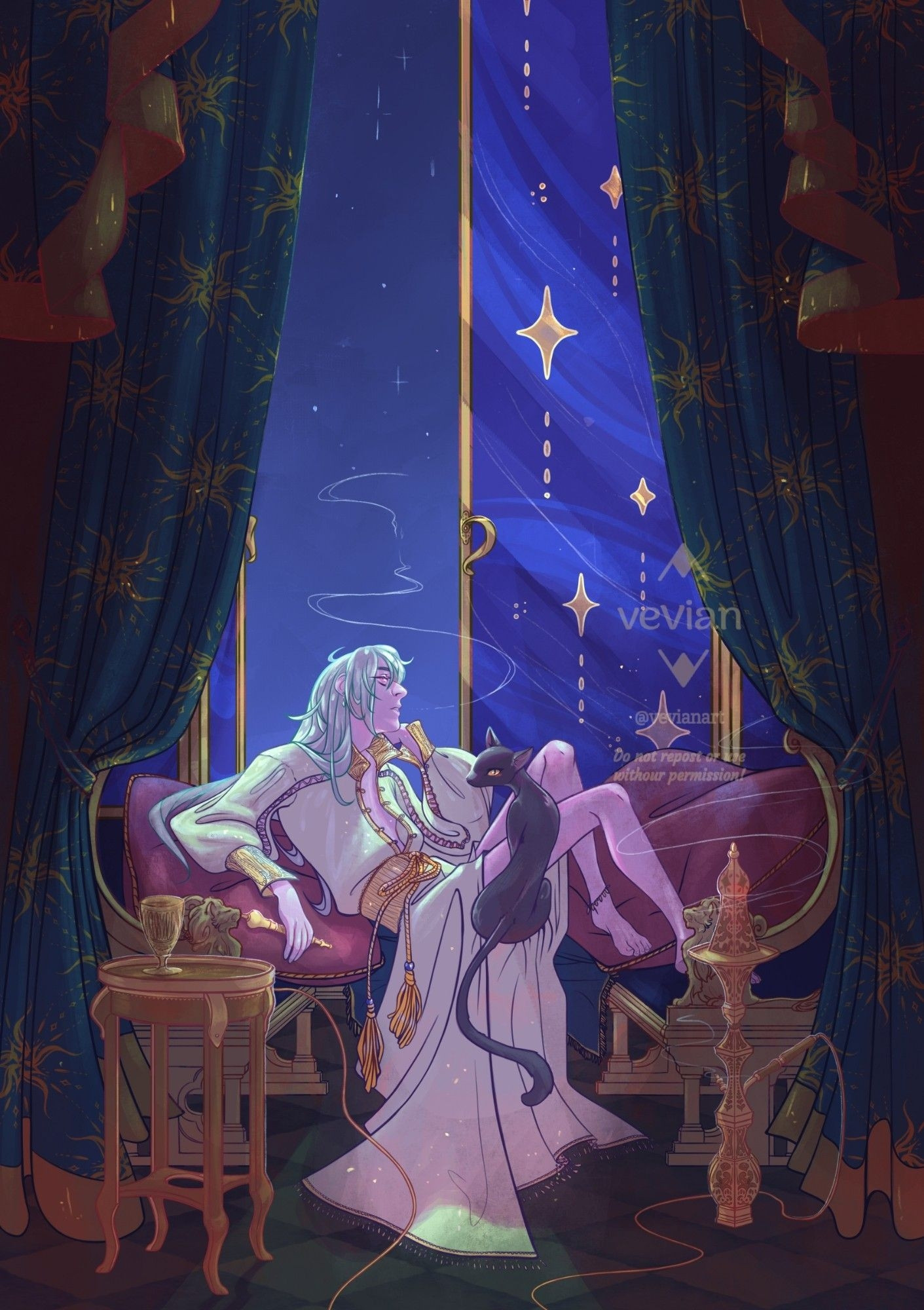 A young White haired man is looking at the midnight sky sitting in a window, melancholic