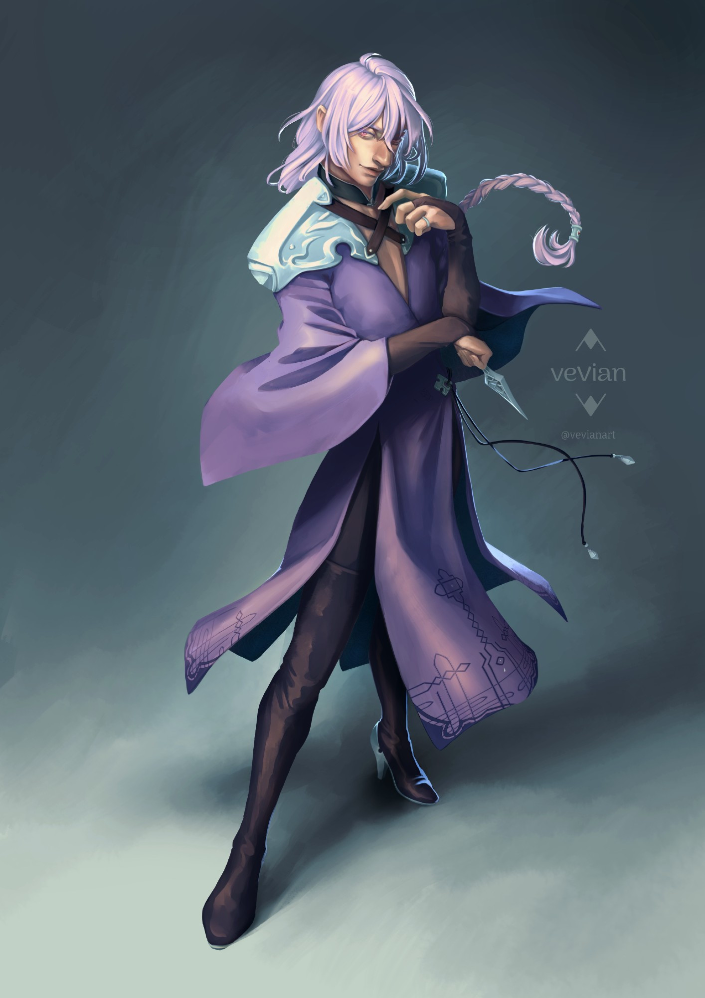 Character key art of Chronos Xejasei, a flamboyant young man with silver hair and purple dress.