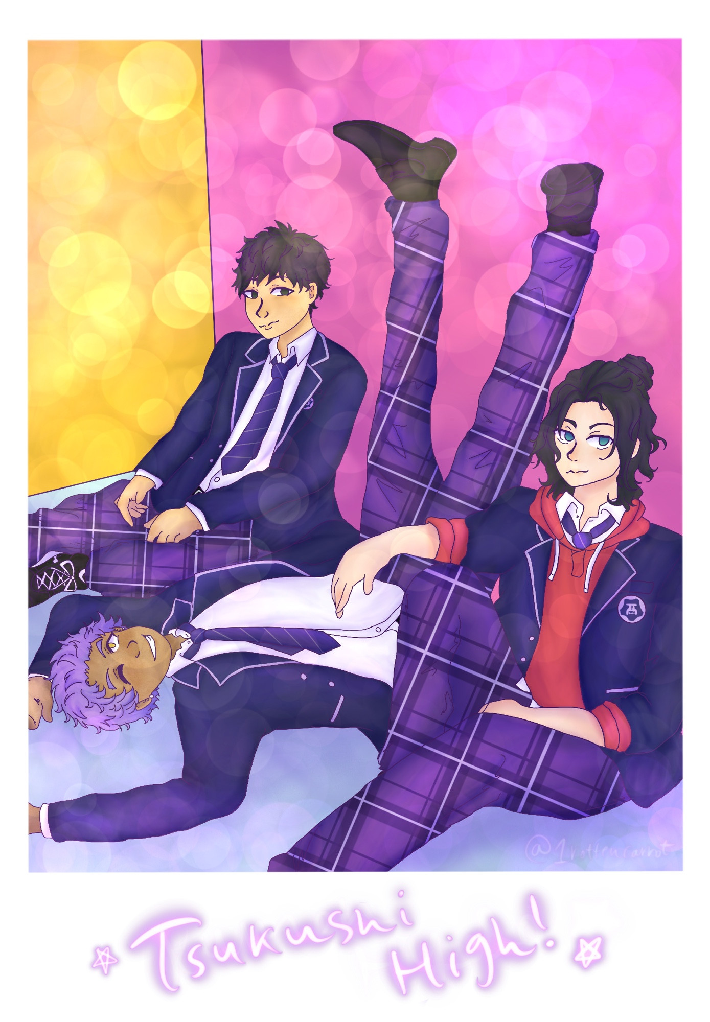 A drawing of (from left to right) Yamaguchi, Kumon, and Azami from A3! All 3 are posing for a picture, sitting, except Kumon who is upside down. The bottom of the picture reads “Tsukushi High!”