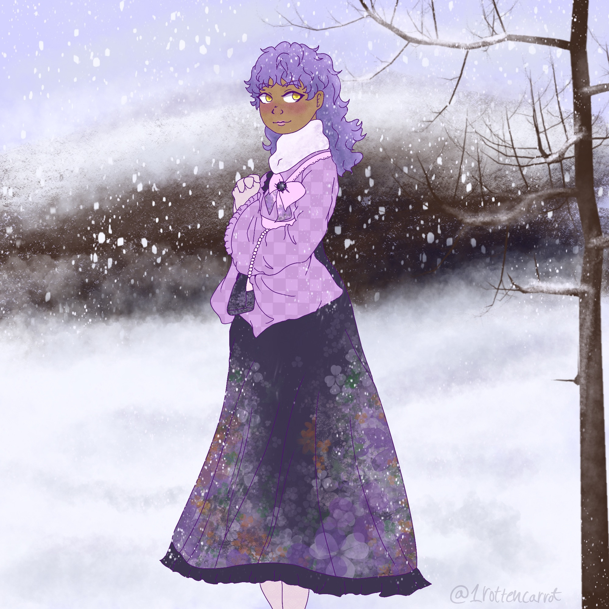 A drawing of Kumon Hyodo from A3!
He wears a purple kimono and curly hair extensions. The top is a light purple with a checkered pattern, the bottom is a darker and duller purple with flower patterns and snow at the bottom. The background is a snowy scene with a bare tree to the right. Made by @1rottencarrot