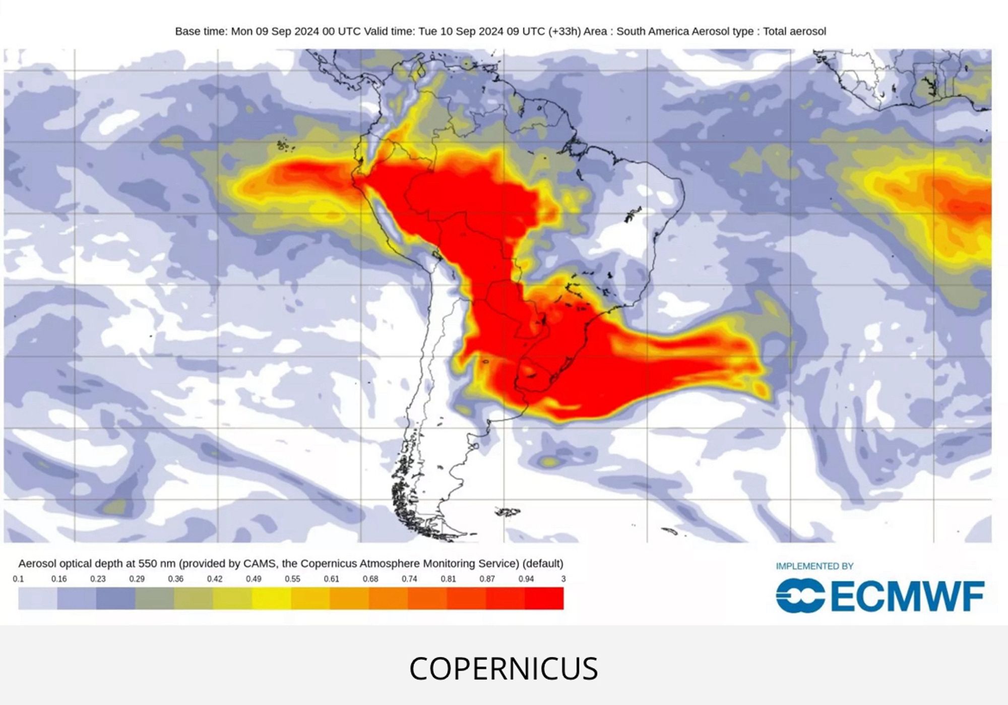 Mancha de fumaça indo do Pacífico, no Peru/Equador, até a Argentina/Uruguai, e tomando mais da metade do Brasil