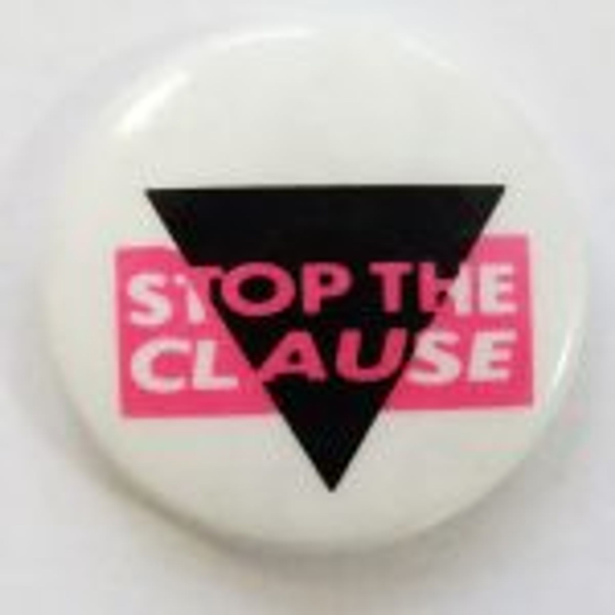 A badge with a black inverted triangle. A pink box over the top reads 'stop the clause'
