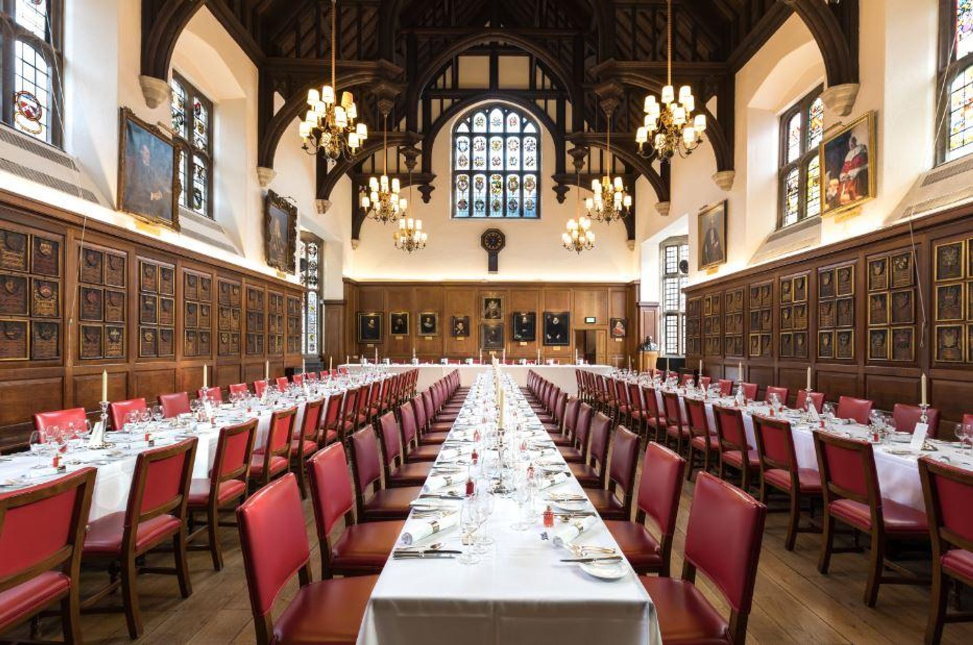 the dining hall at Grey's Inn. It's a grand space with a hammerbeam wooden ceiling and lots of paintings and stained glass. You can imagine lots of Edwardian men drinking port and harrumphing as a woman walked in.