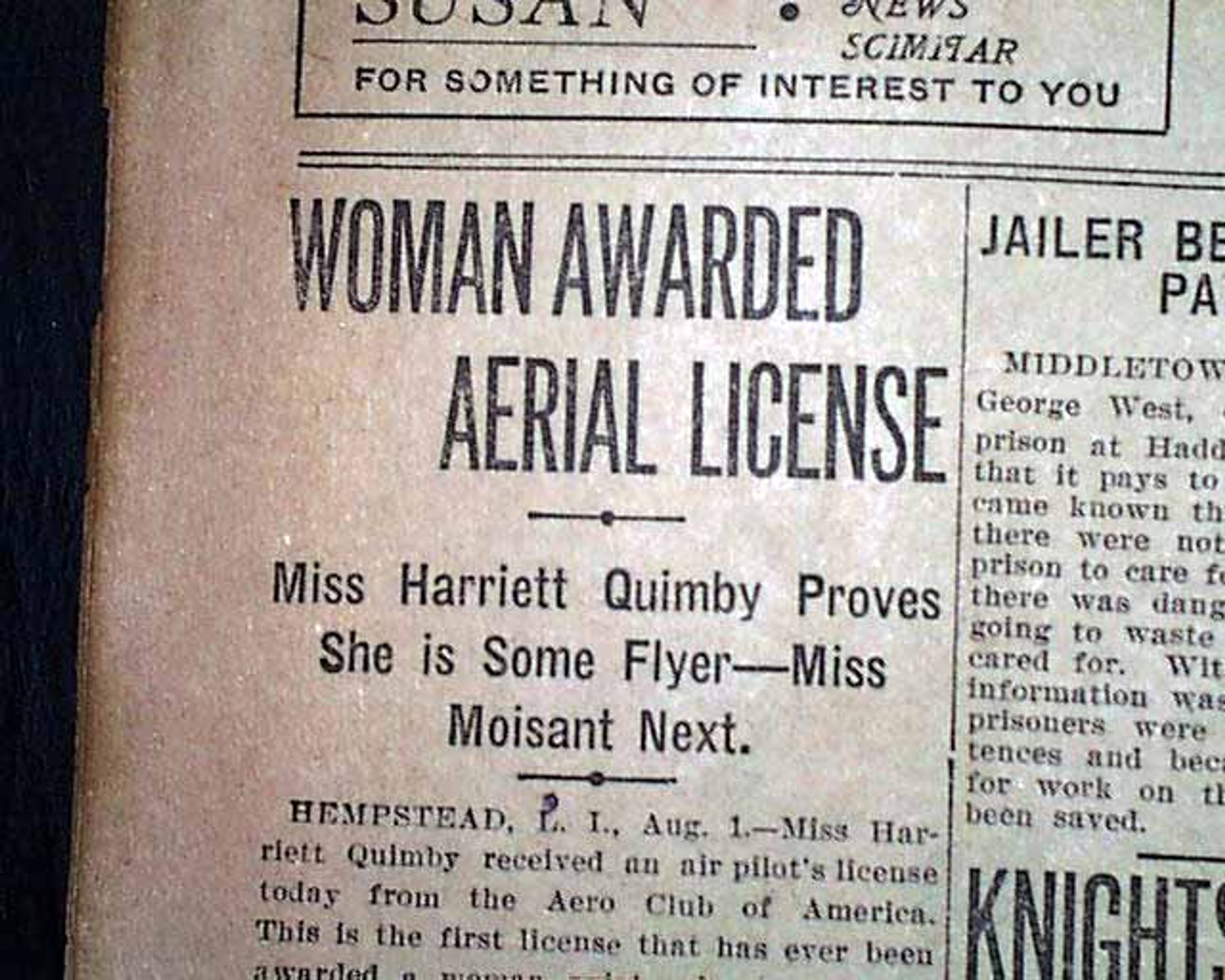 Newspaper headline reading 'woman awarded aerial licence' and confirming Harriet's name and the date
