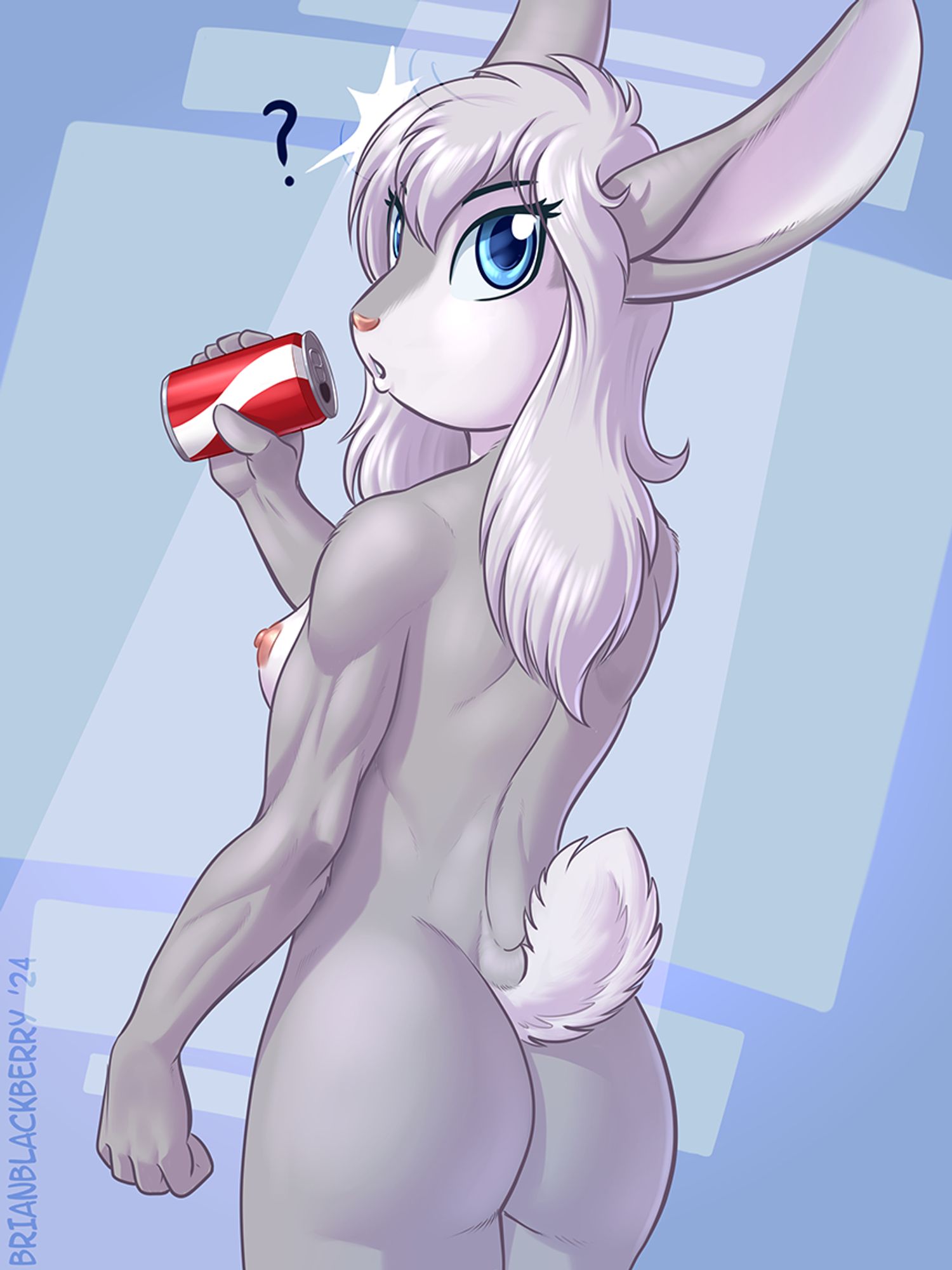 Nude cottontail bunny anthro (Cynthia) looking back at whoever is looking at her.