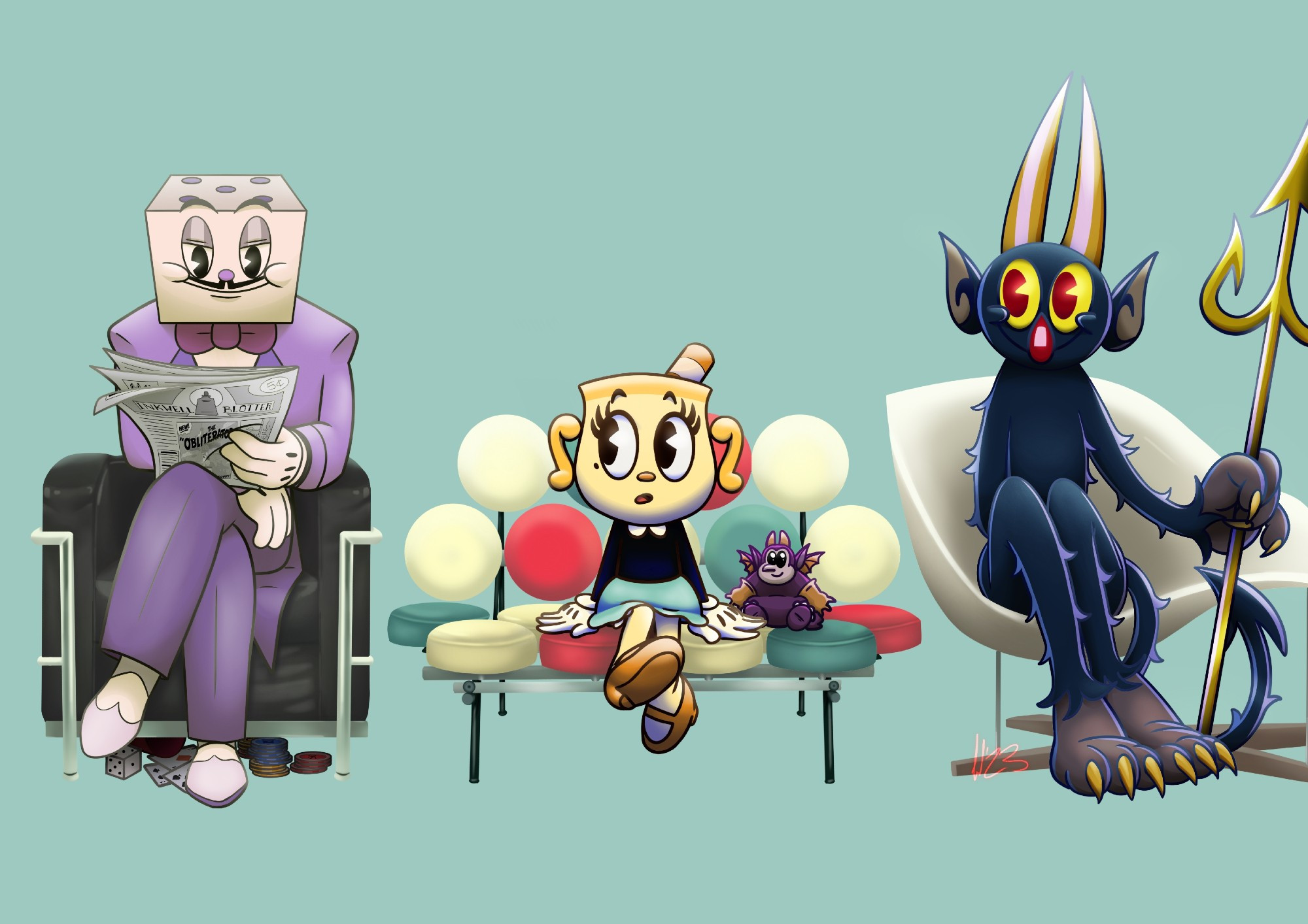 An Anime Cover from SpyxFamily with Cuphead character replaced. From left to right - King Dice, Miss Chalice, Devil.