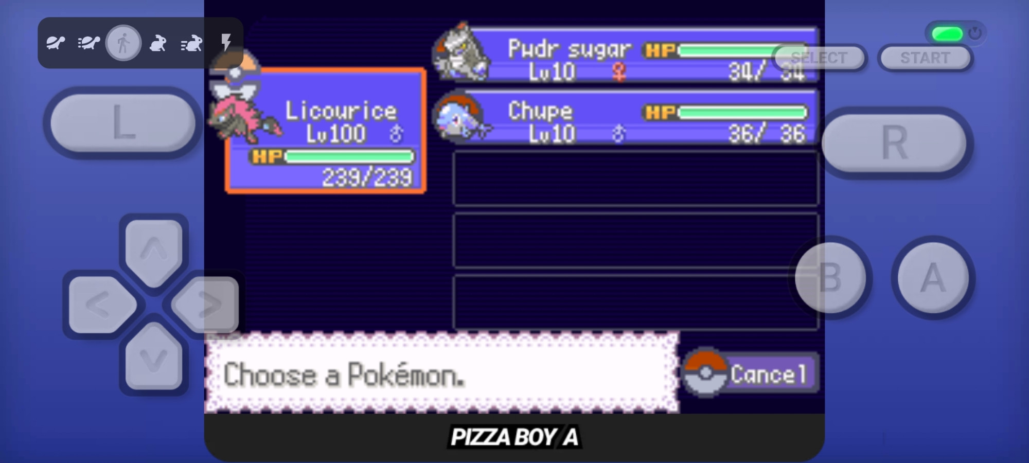 A screenshot of a mobile emulator running Pokemon Emerald Rogue. It shows the player's team, which is composed of a Level 100 Zoroark named "Licourice" with a U after the O (whether it is misspelled on purpose is unclear, the player does not remember), a level 10 Duraludon named "Powdered sugar" (spelled "P W D R sugar" because of character limit), and a level 10 Finnizen named "Chupe" (a type of chicken soup cream from Venezuela). The party is clearly not well balanced.