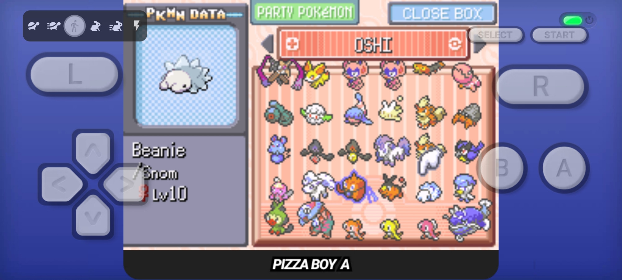 A screenshot of a mobile emulator running Pokemon Emerald Rogue. The screen shows a box filled with the Pokemon: Doublade, Fennekin, Impidimp, Impidimp (again), Sizzlipede, Trapinch, Beldum, Cottonee, Hatenna, Milcery, Growlithe, Dwebble, Azurill, Galarian Yamask, Yamask, Galarian Ponyta, Growlithe (again), Rookidee, Tinkatink, Alolan Vulpix, Rotom Wash, Tepig, Snom, Quaxly, Grookey, Dracovish, Tatsugiri (Curly form), Tatsugiri (Stretchy form), Tatsugiri (Droopy form), and Dodonzo. The screen shows the name of the box, "OSHI" in all caps. It also shows a closeup on the Pokemon "Snom", it's a female named "Beanie" and it's level 10.