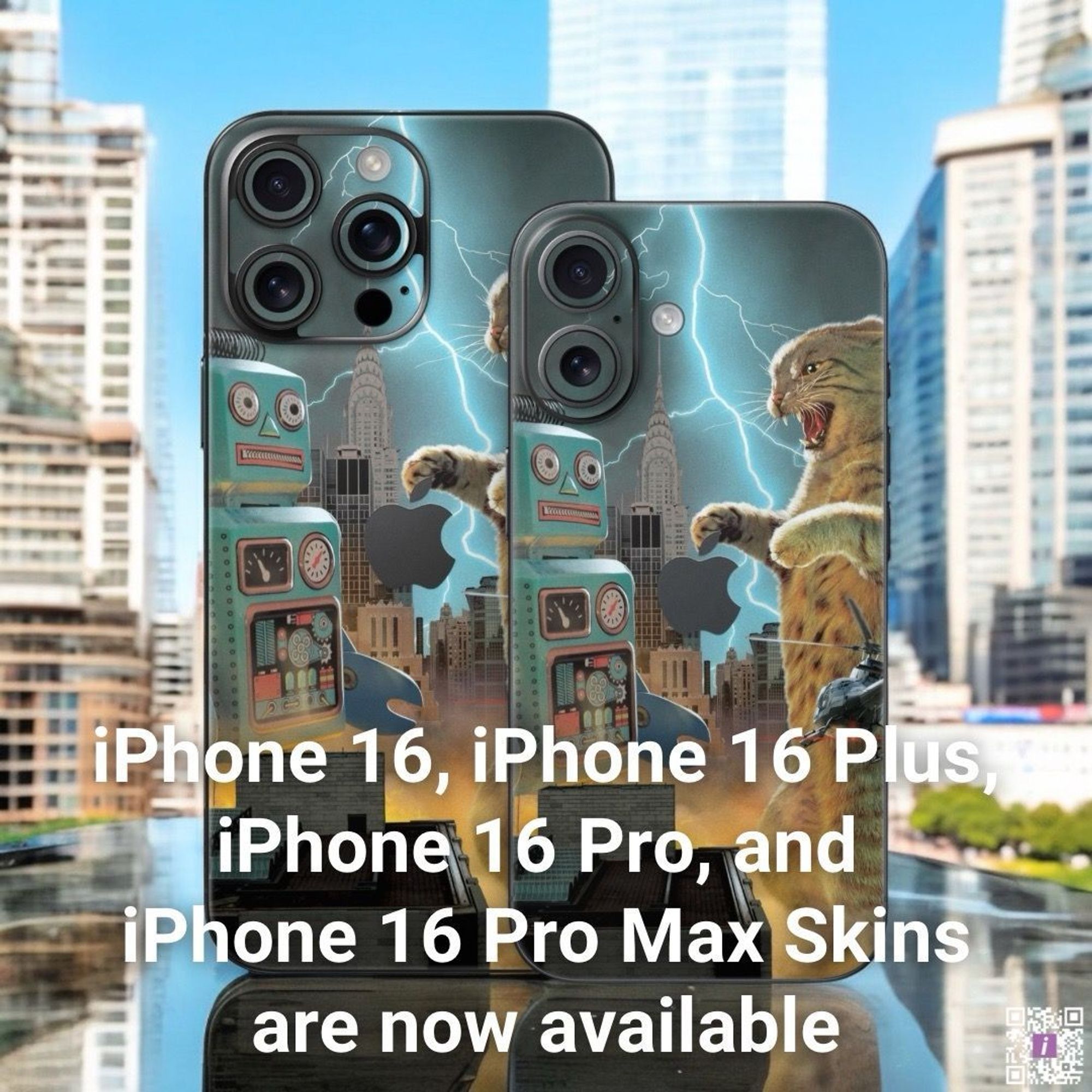 Apple iPhone 16 and iPhone 16 Pro with design of a giant robot fighting a cat